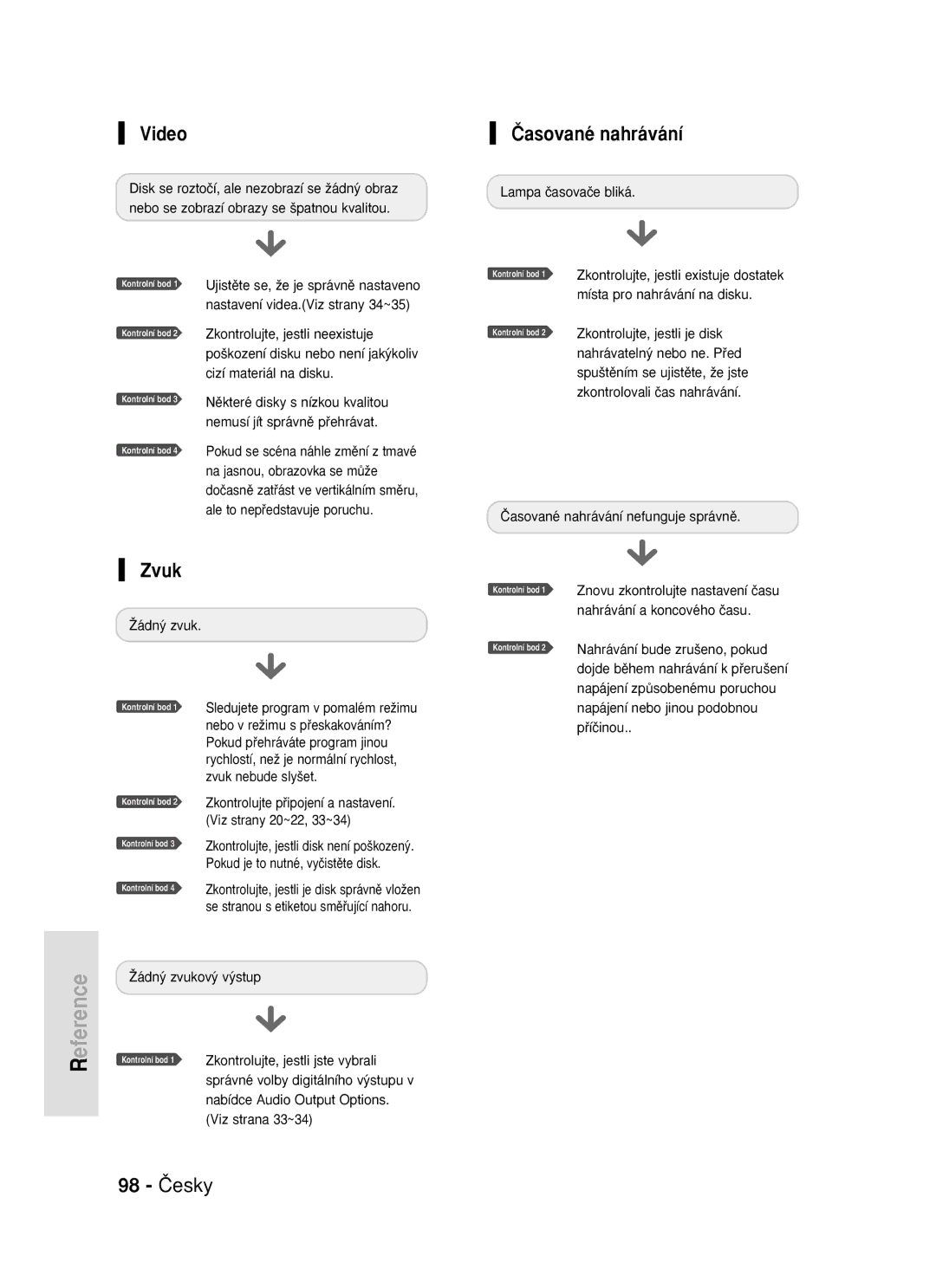 Samsung DVD-R119/EUR manual Eference, Âasované nahrávání, Zvuk, 98 âesky 