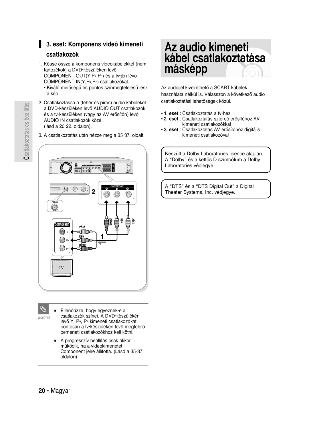 Samsung DVD-R119/EUR manual Eset Komponens videó kimeneti csatlakozók, Audio in csatlakozók közé 