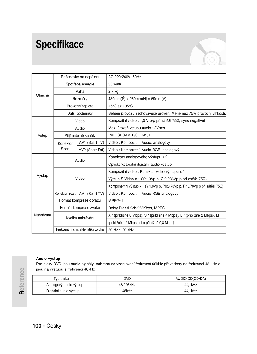 Samsung DVD-R119/EUR manual Specifikace, 100 âesky, Audio v˘stup 