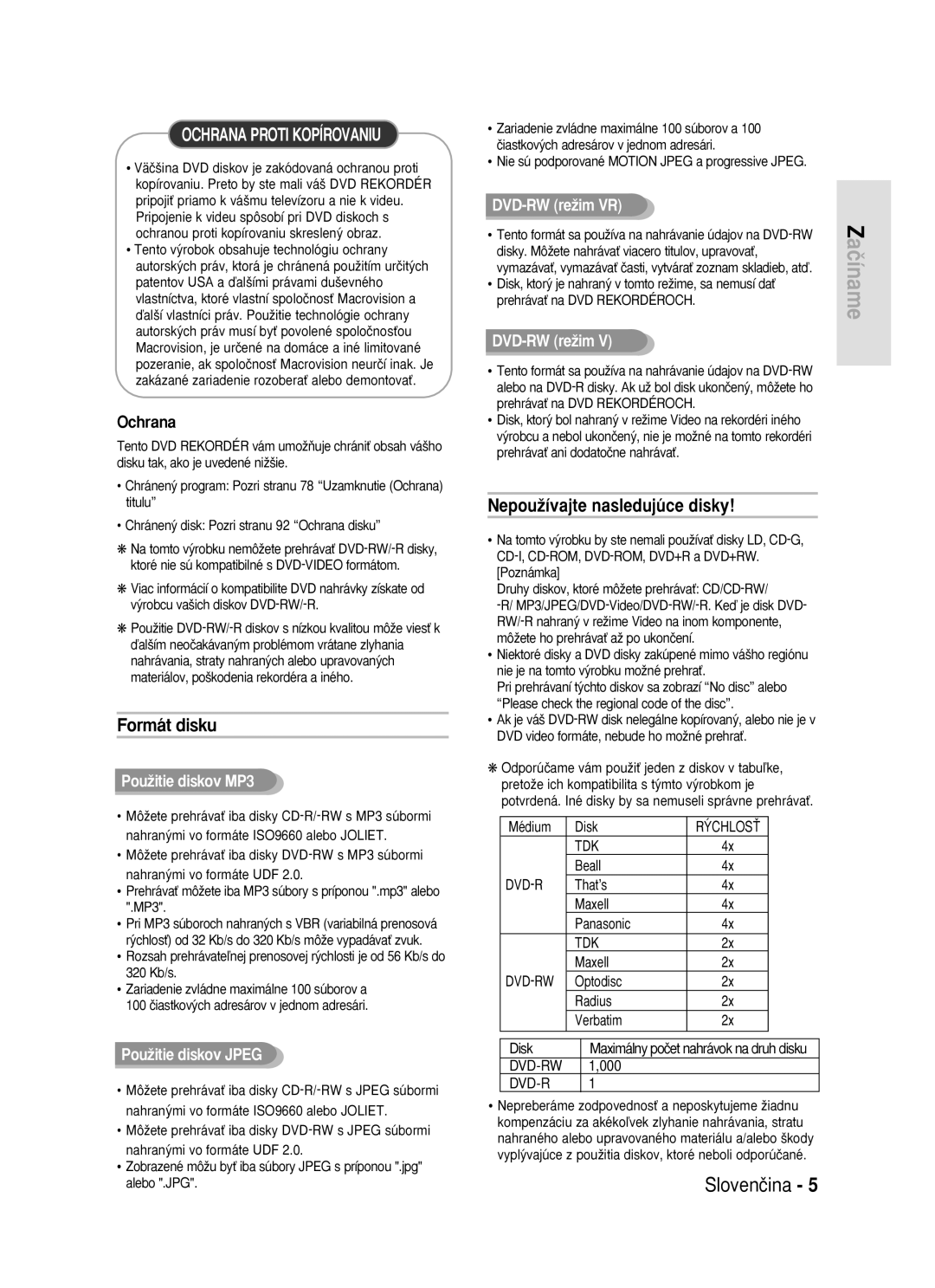 Samsung DVD-R119/EUR manual NepouÏívajte nasledujúce disky, PouÏitie diskov MP3, PouÏitie diskov Jpeg 