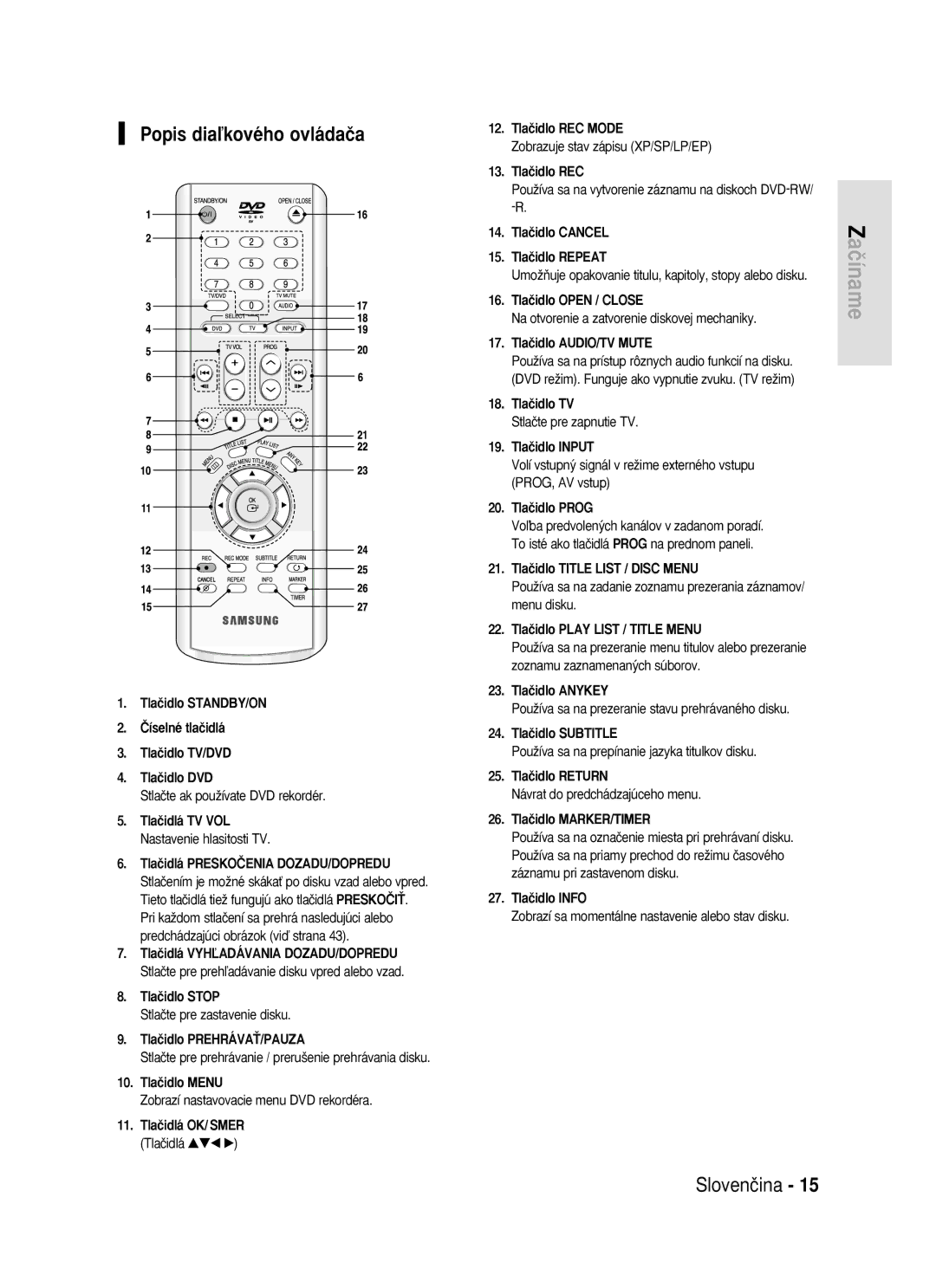 Samsung DVD-R119/EUR manual Popis diaºkového ovládaãa 