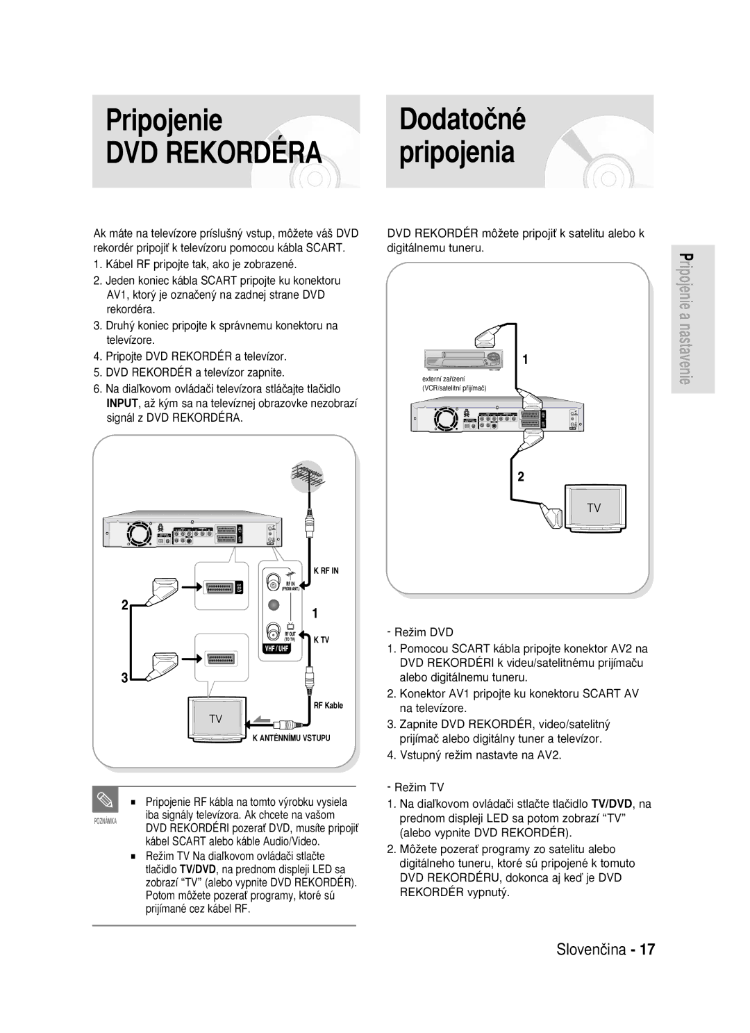 Samsung DVD-R119/EUR manual Pripojenie, Dodatoãné, Kábel Scart alebo káble Audio/Video 