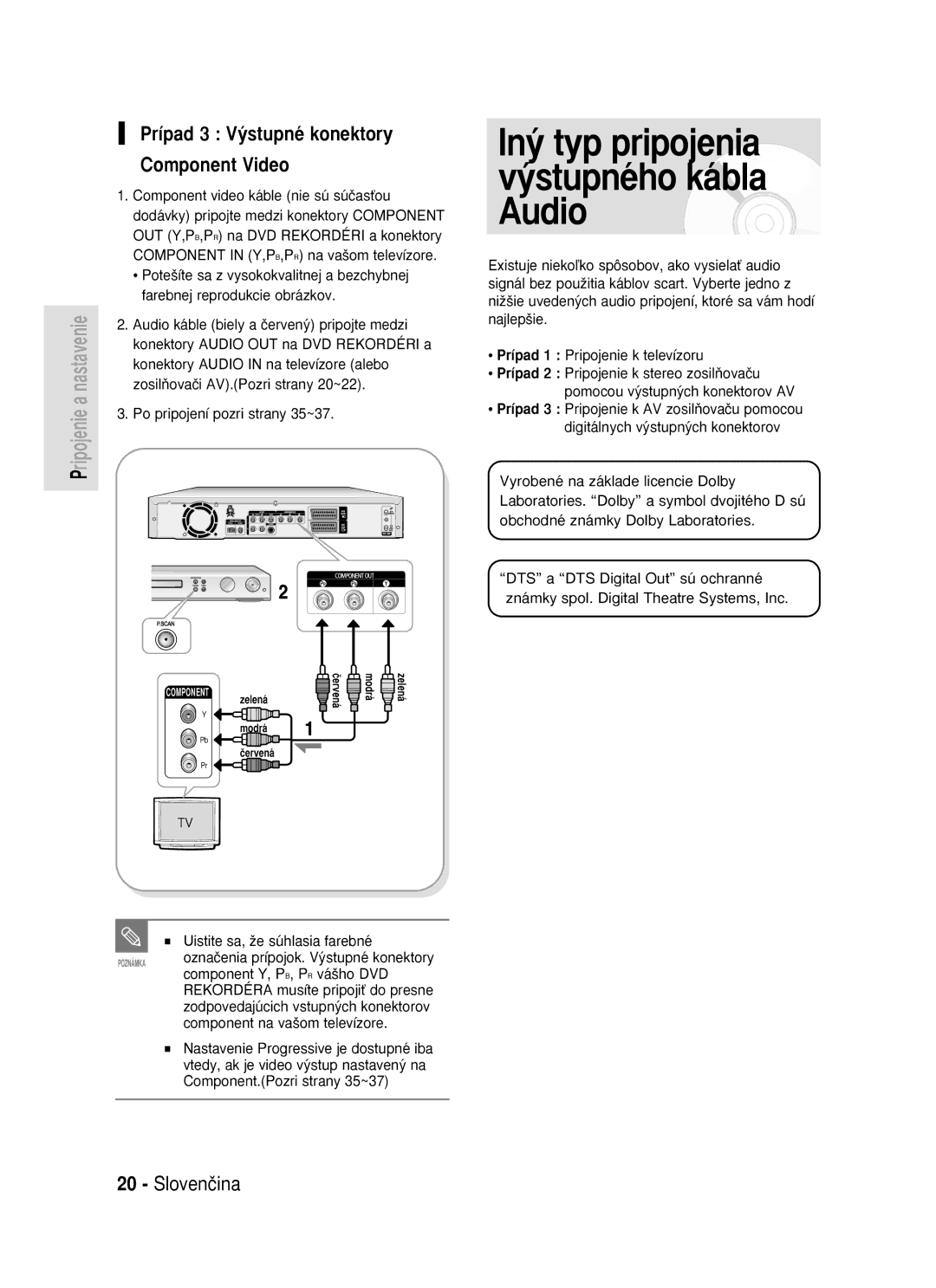 Samsung DVD-R119/EUR manual Prípad 3 V˘stupné konektory Component Video 