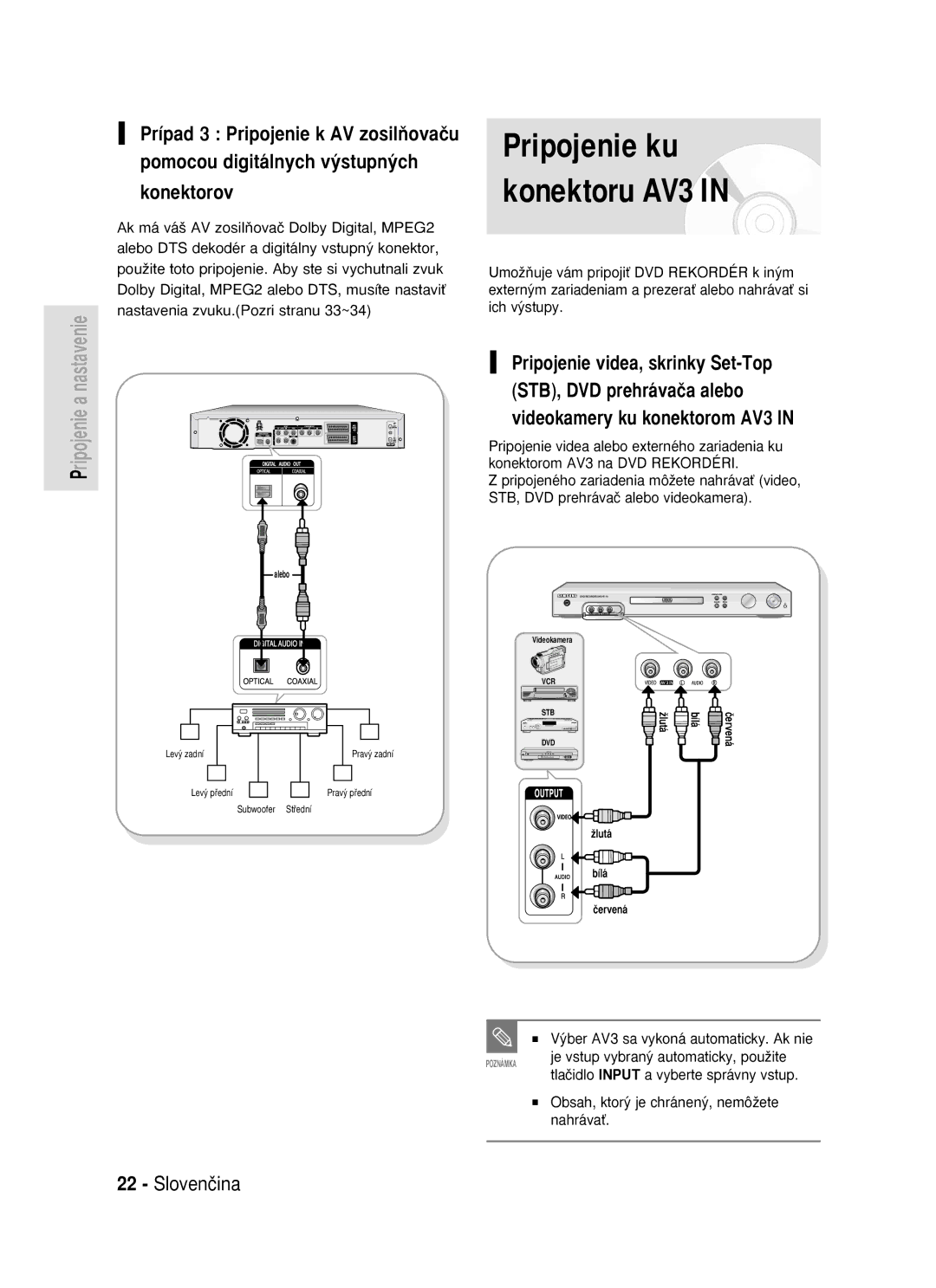 Samsung DVD-R119/EUR manual Pripojenie ku konektoru AV3, Konektorov 