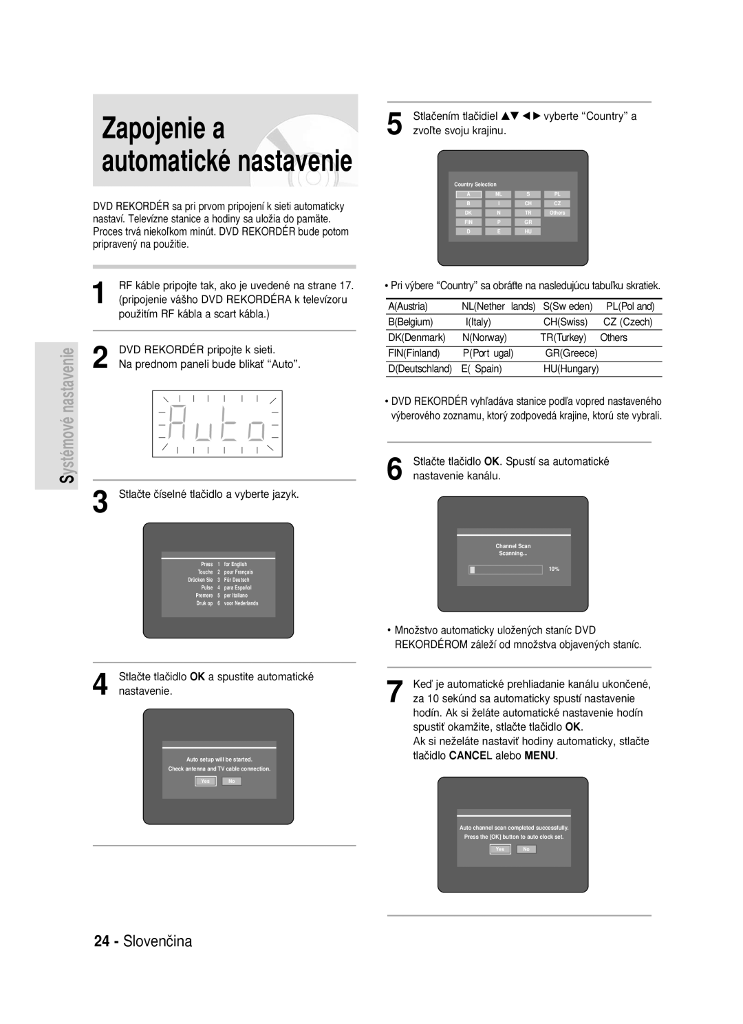 Samsung DVD-R119/EUR manual Zapojenie a automatické nastavenie, Stlaãením tlaãidiel …† œ √ vyberte Country a, SSw, Czech 