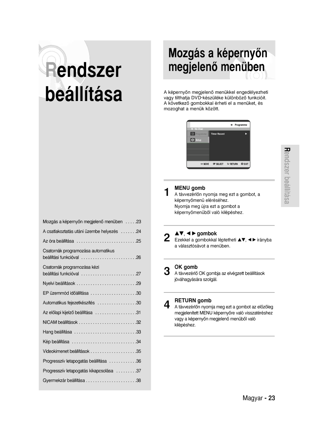 Samsung DVD-R119/EUR manual Menu gomb, OK gomb, Return gomb 