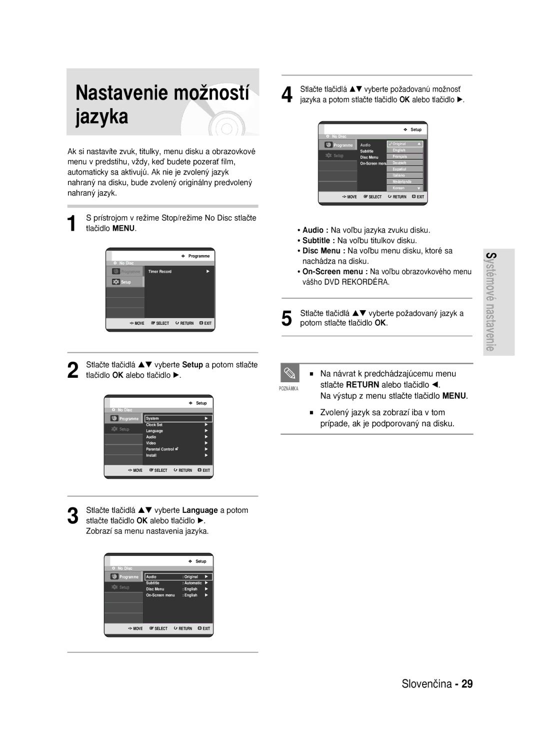 Samsung DVD-R119/EUR manual Nastavenie moÏností jazyka 