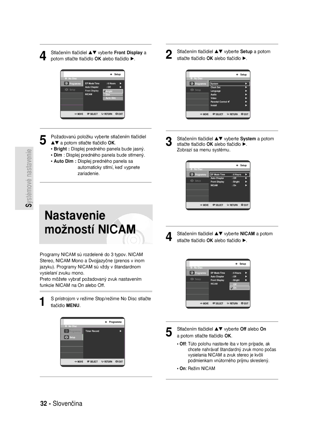 Samsung DVD-R119/EUR manual Nastavenie moÏností Nicam, Prístrojom v reÏime Stop/reÏime No Disc stlaãte 