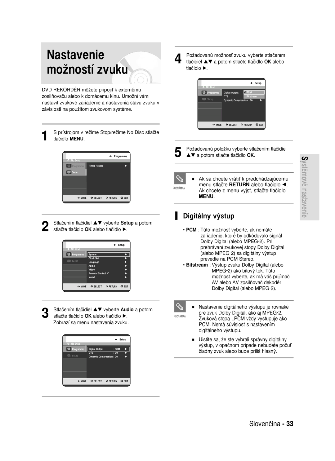 Samsung DVD-R119/EUR manual Nastavenie moÏností zvuku, Digitálny v˘stup, Ak chcete z menu vyjsÈ, stlaãte tlaãidlo 