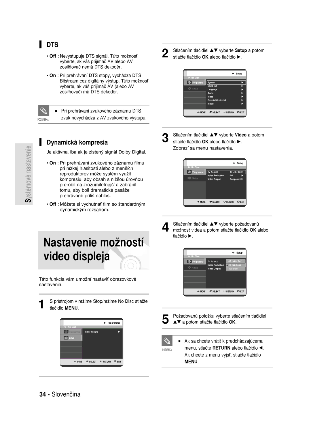 Samsung DVD-R119/EUR manual Nastavenie moÏností video displeja, Dynamická kompresia 