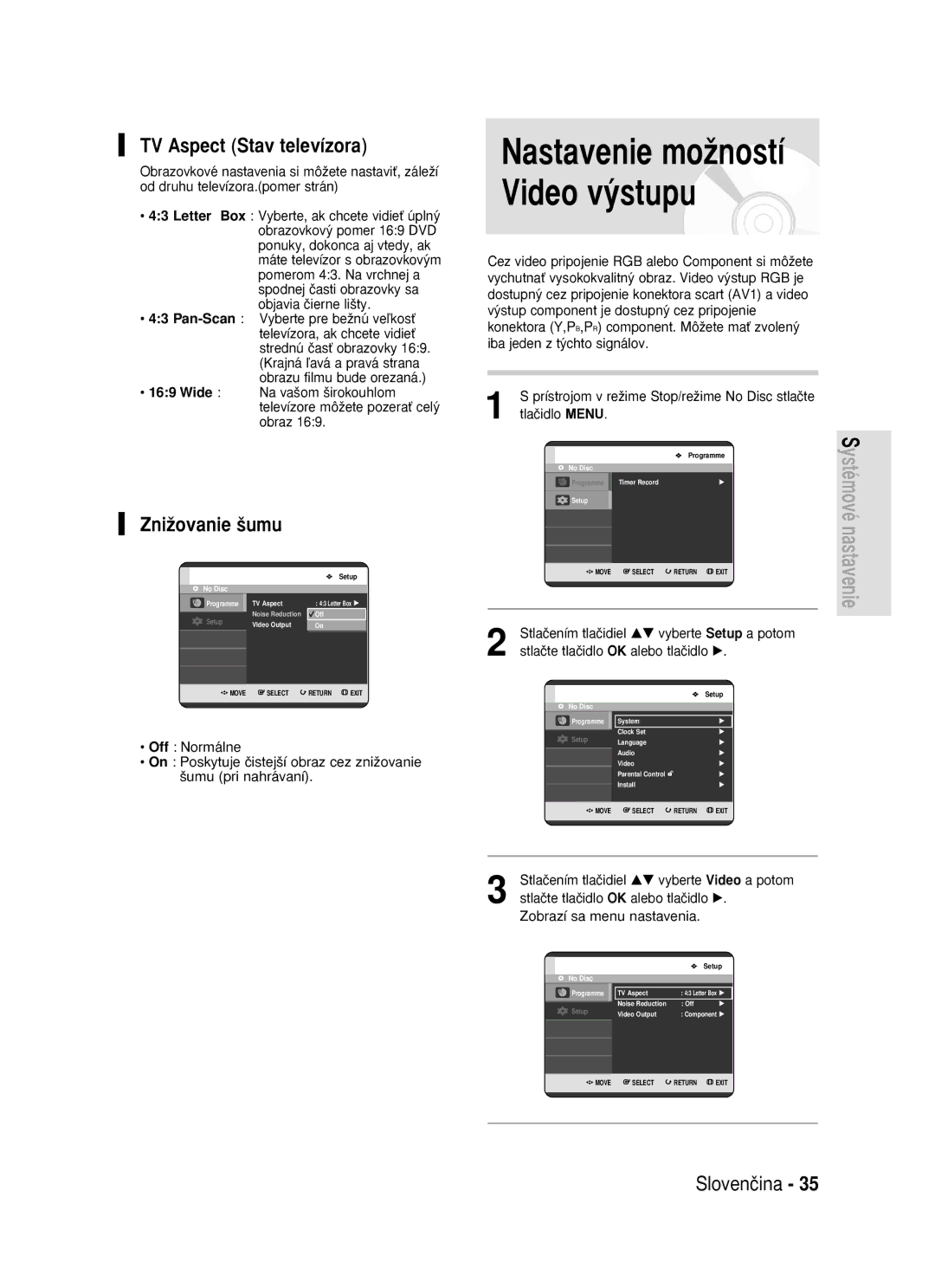 Samsung DVD-R119/EUR manual TV Aspect Stav televízora, ZniÏovanie ‰umu 