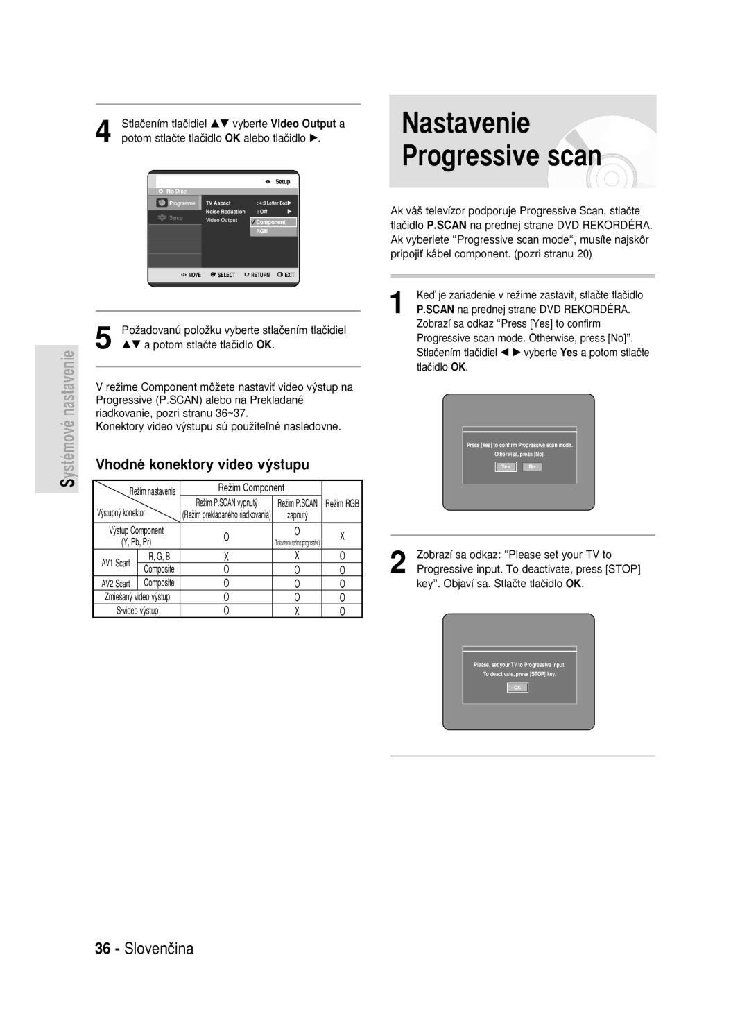 Samsung DVD-R119/EUR manual Nastavenie Progressive scan, Vhodné konektory video v˘stupu 