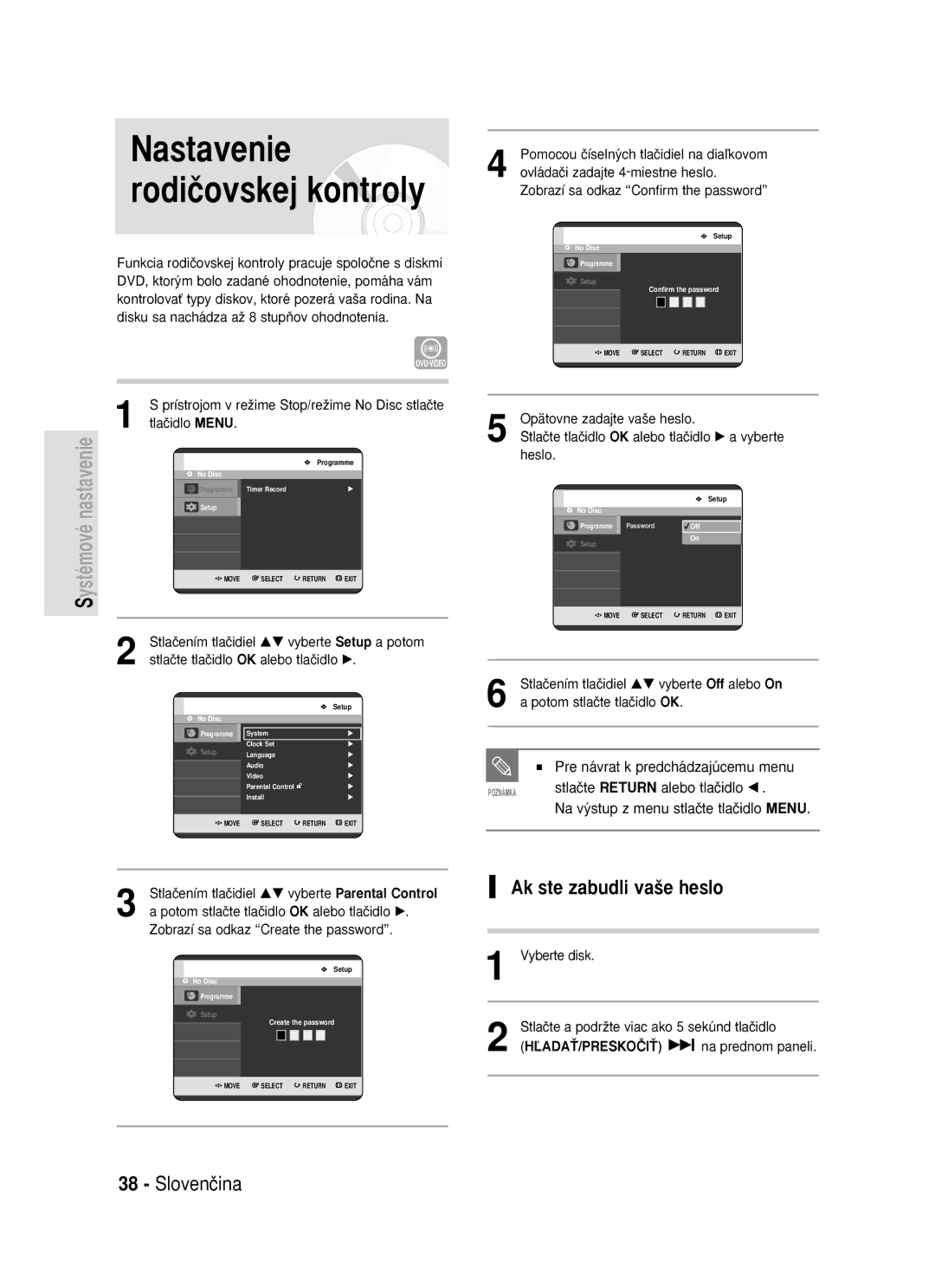 Samsung DVD-R119/EUR manual Nastavenie rodiãovskej kontroly, Ak ste zabudli va‰e heslo, Stlaãte Return alebo tlaãidlo œ 