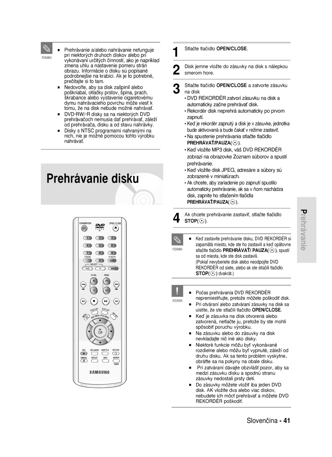 Samsung DVD-R119/EUR manual Prehrávanie disku 