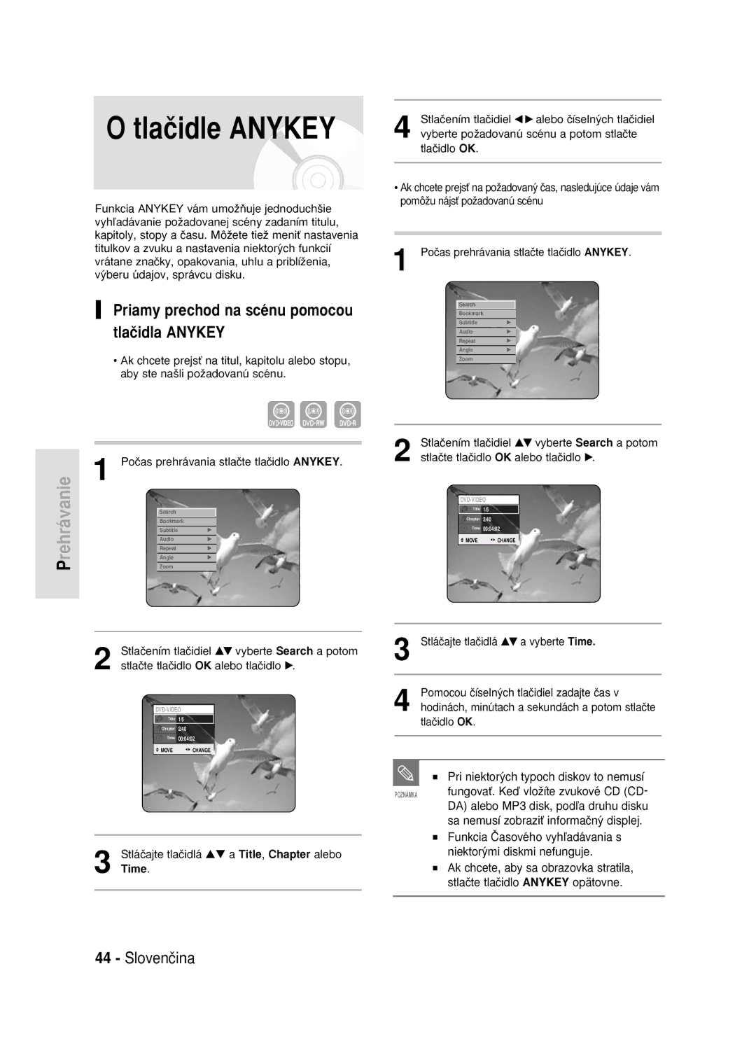 Samsung DVD-R119/EUR manual Tlaãidle Anykey, Priamy prechod na scénu pomocou tlaãidla Anykey, Time 