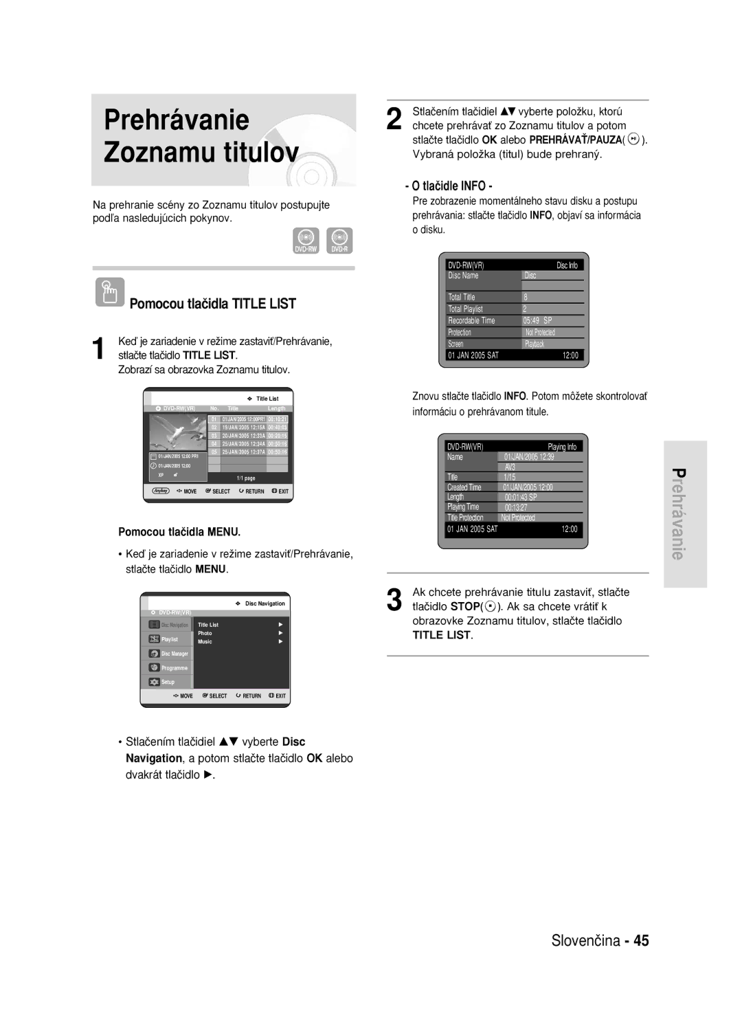 Samsung DVD-R119/EUR manual Prehrávanie Zoznamu titulov, Pomocou tlaãidla Title List, Tlaãidle Info 