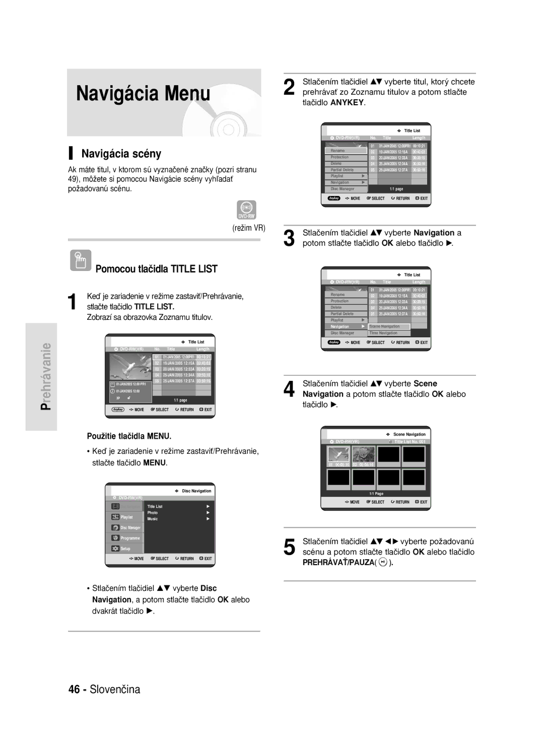 Samsung DVD-R119/EUR manual Navigácia Menu, Navigácia scény 