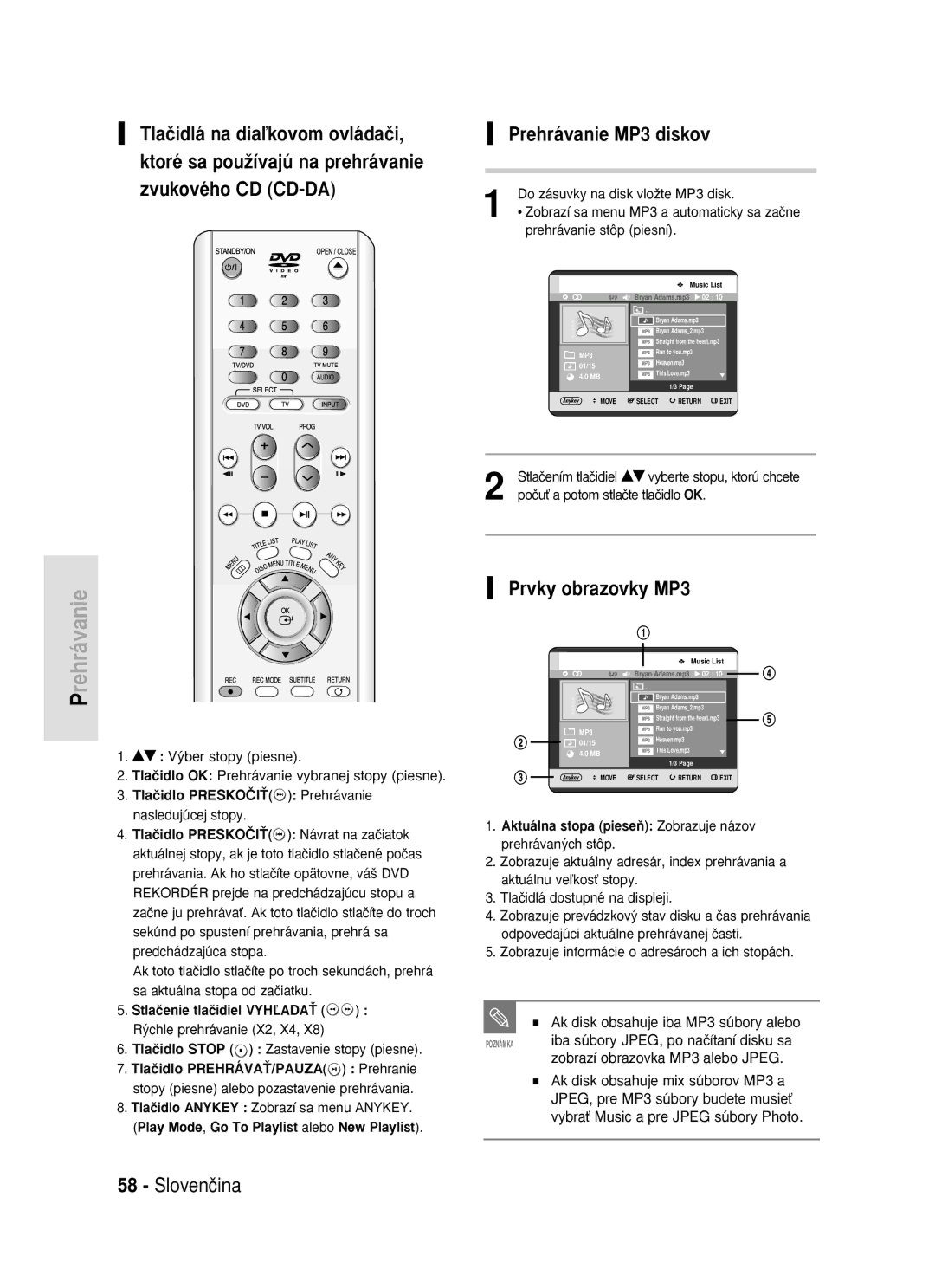 Samsung DVD-R119/EUR Prehrávanie MP3 diskov, Ak disk obsahuje iba MP3 súbory alebo, Iba súbory JPEG, po naãítaní disku sa 