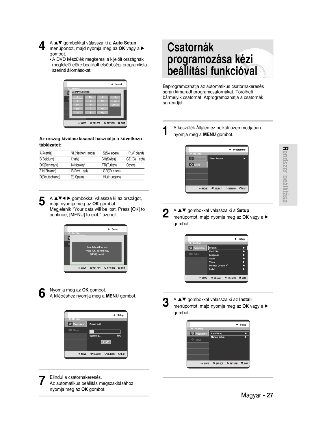 Samsung DVD-R119/EUR manual Az ország kiválasztásánál használja a következŒ táblázatot 