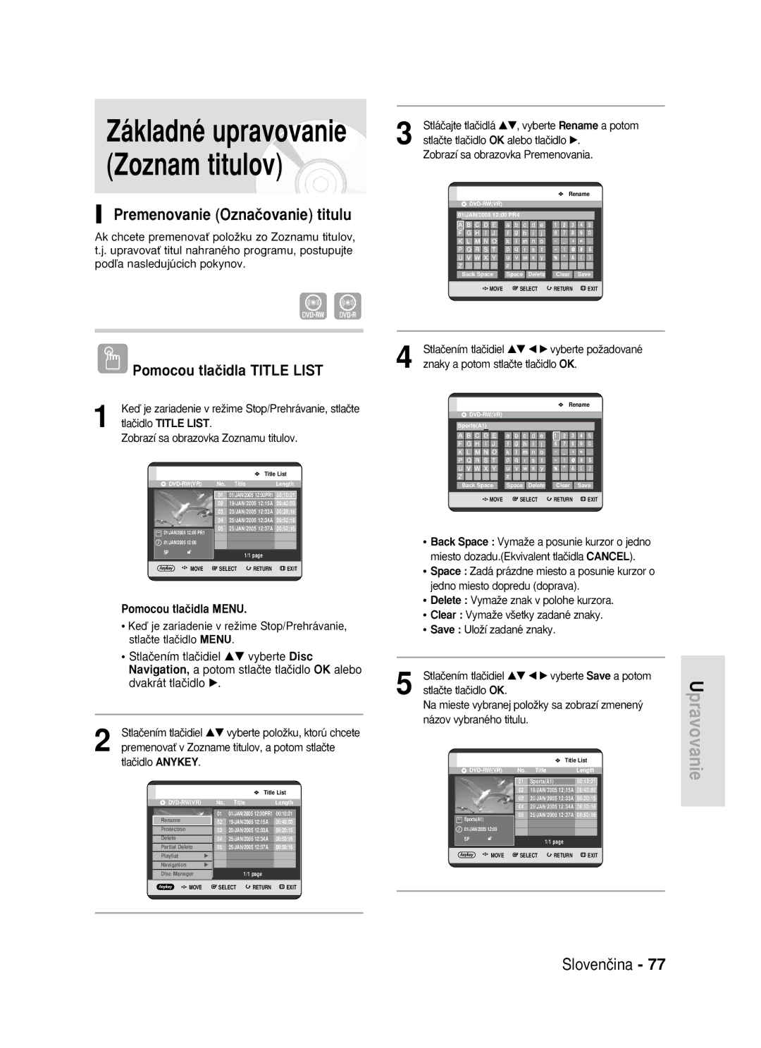 Samsung DVD-R119/EUR manual Základné upravovanie Zoznam titulov, Premenovanie Oznaãovanie titulu 