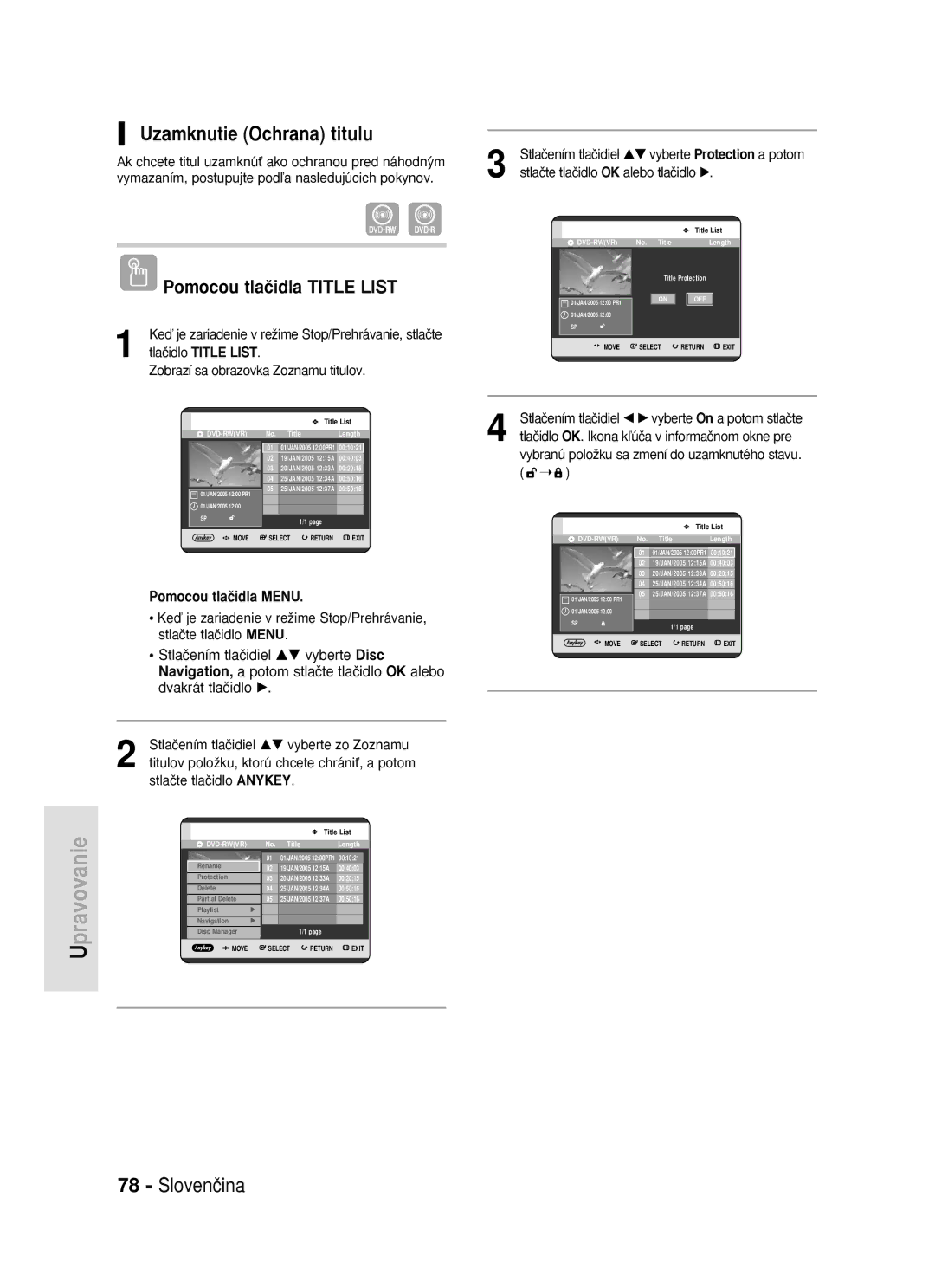 Samsung DVD-R119/EUR manual Uzamknutie Ochrana titulu, Stlaãením tlaãidiel …† vyberte zo Zoznamu, Stlaãte tlaãidlo Anykey 