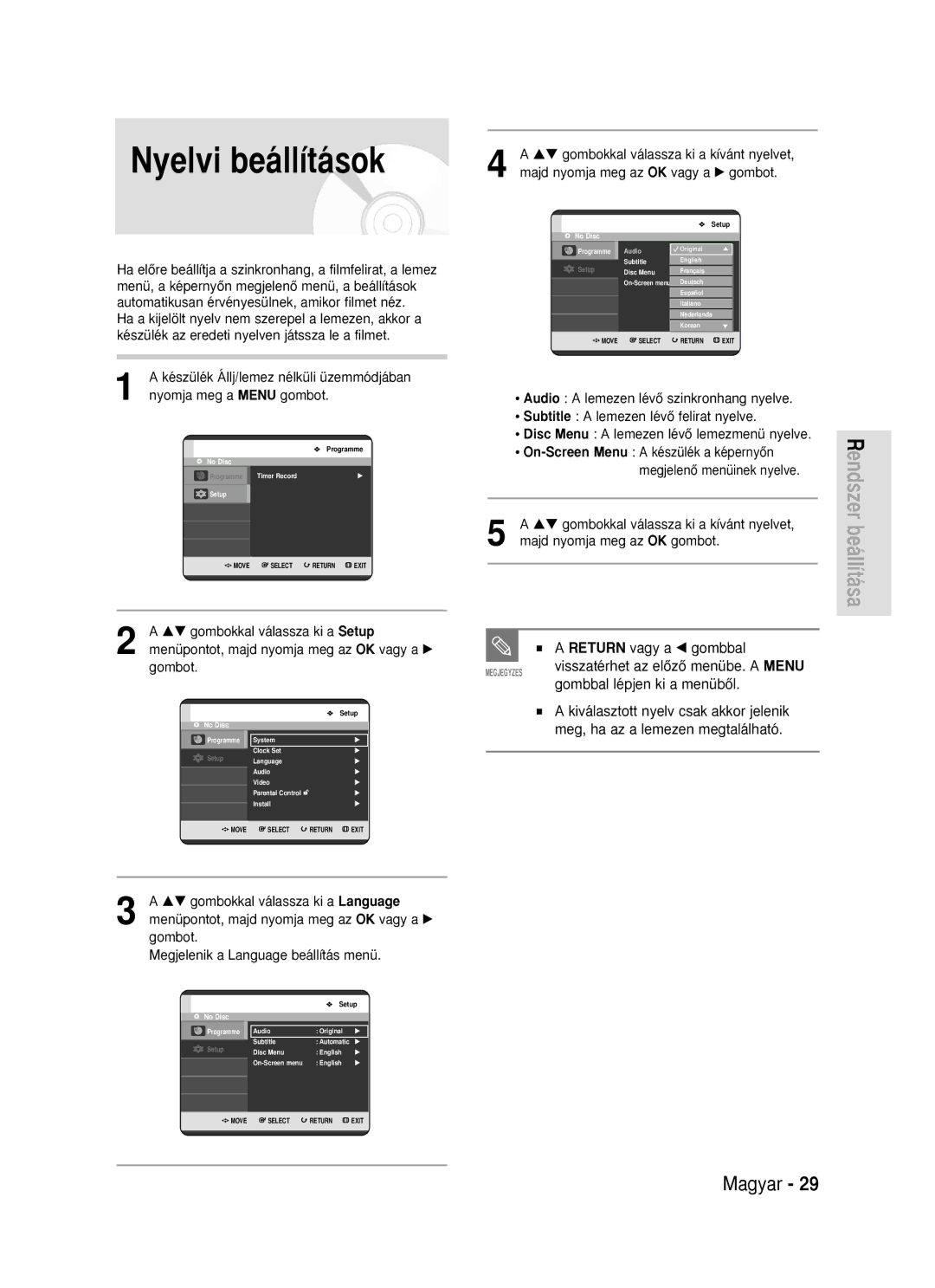 Samsung DVD-R119/EUR manual Nyelvi beállítások, Return vagy a œ gombbal 