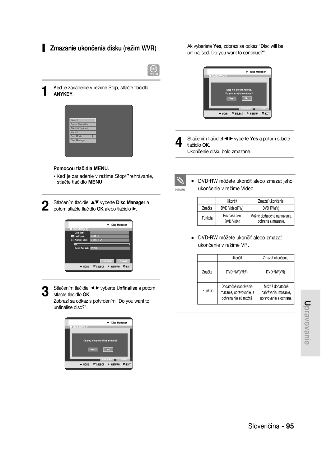 Samsung DVD-R119/EUR manual Zmazanie ukonãenia disku reÏim V/VR, Ukonãenie v reÏime Video 