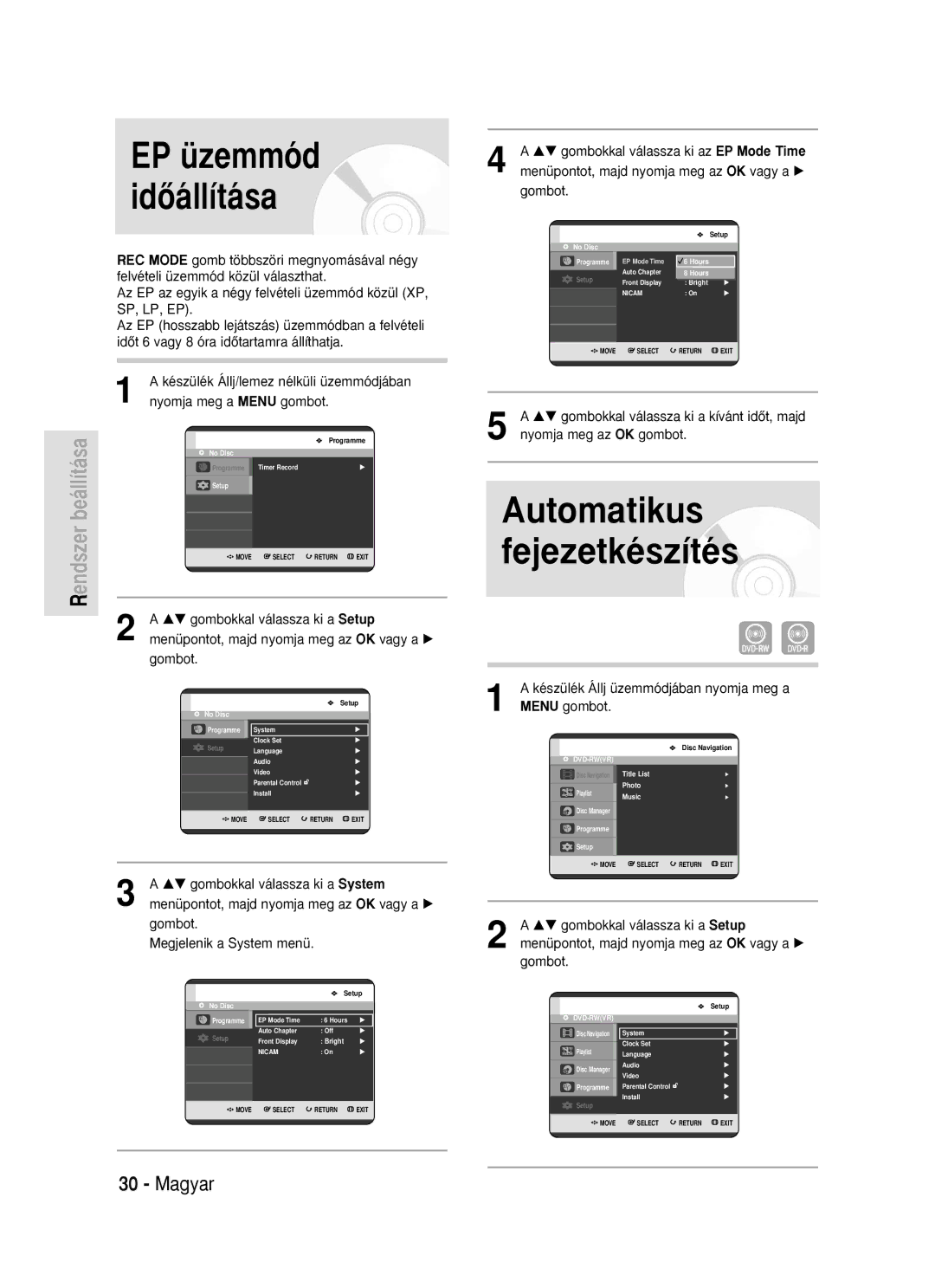 Samsung DVD-R119/EUR manual EP üzemmód idŒállítása 