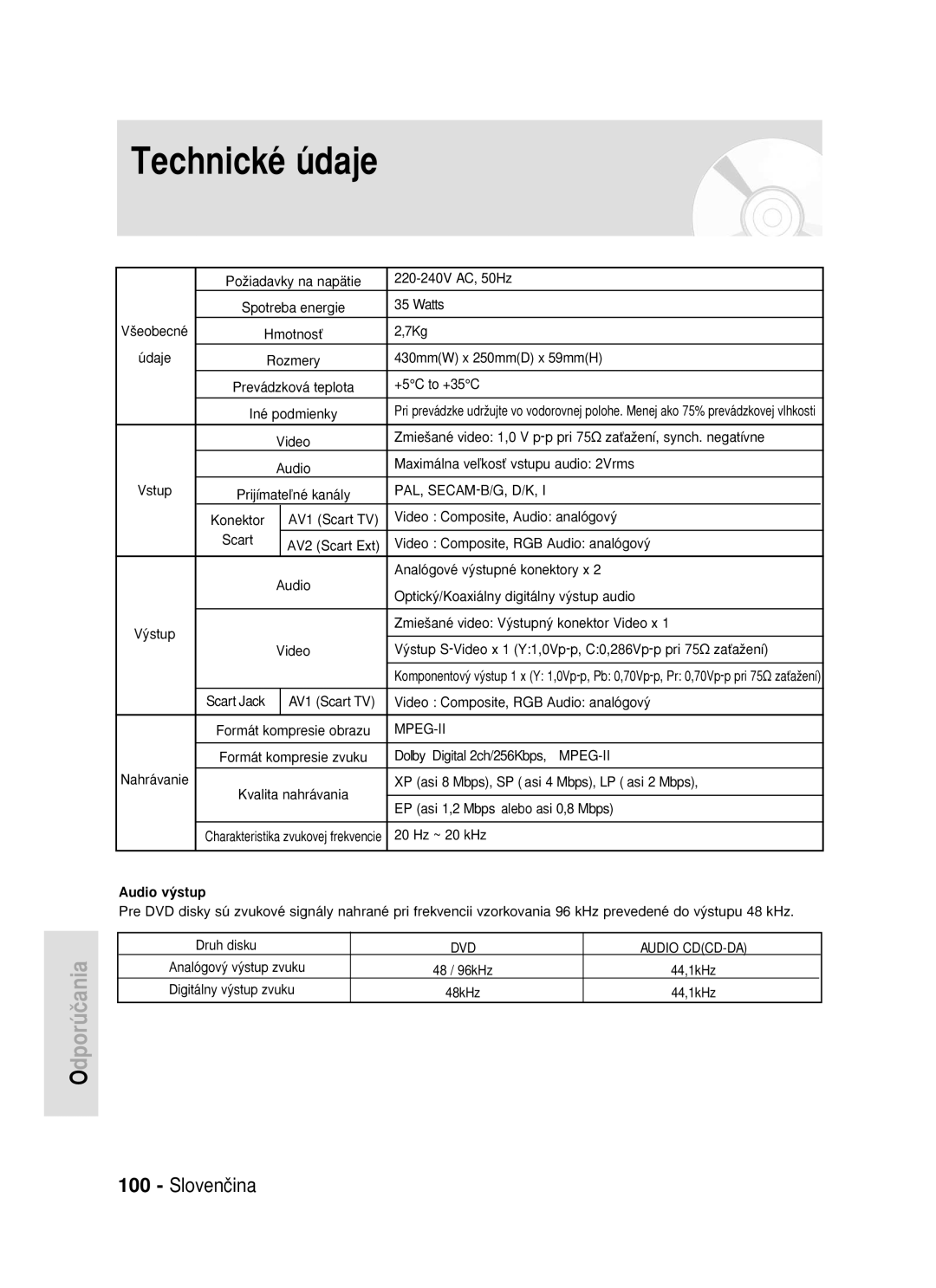 Samsung DVD-R119/EUR manual Technické údaje, Asi 2 Mbps, Asi 1,2 Mbps, 20 Hz ~ 20 kHz 