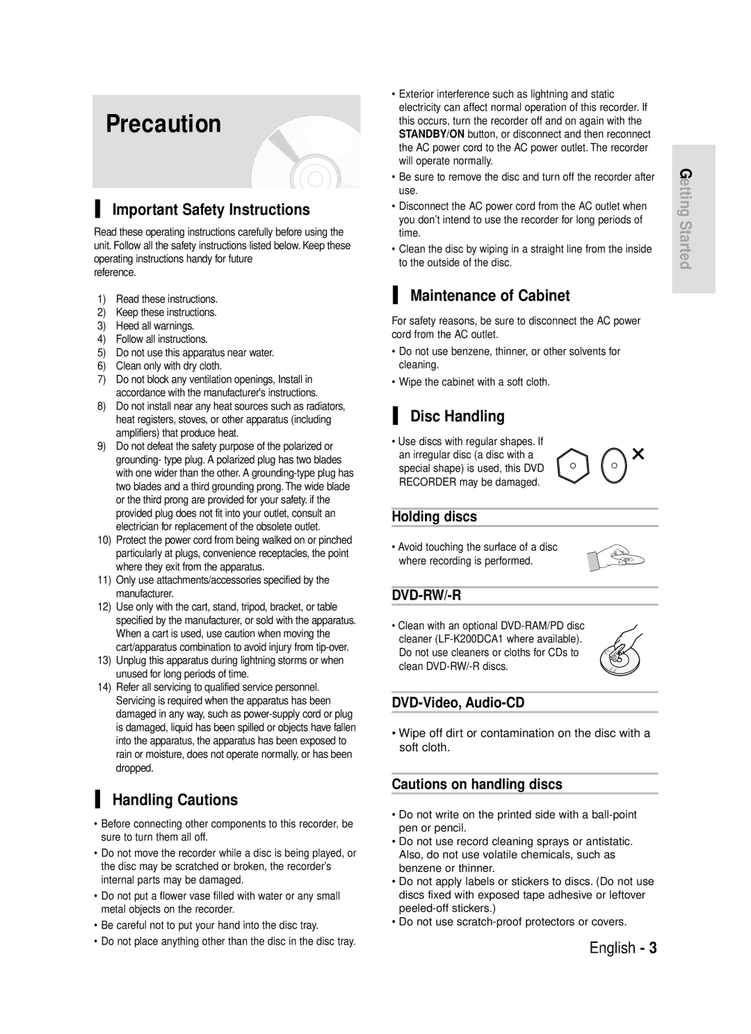 Samsung DVD-R119/EUR Precaution, Important Safety Instructions, Handling Cautions, Maintenance of Cabinet, Disc Handling 