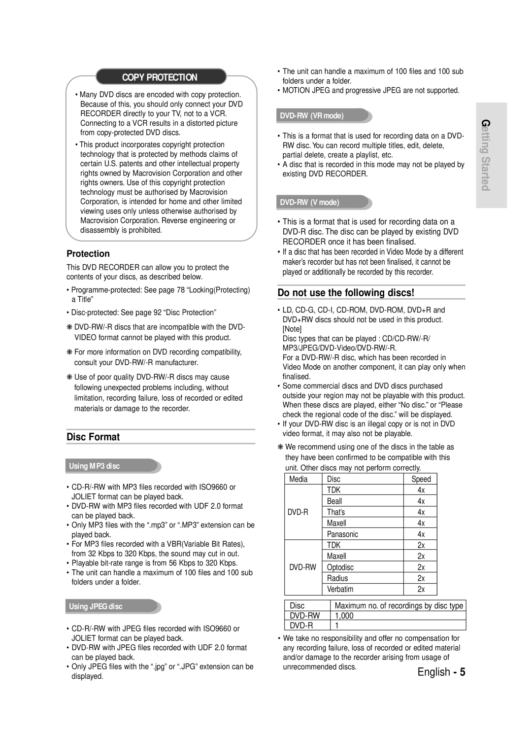 Samsung DVD-R119/EUR manual Using MP3 disc, Using Jpeg disc, DVD-RW VR mode, DVD-RW V mode 