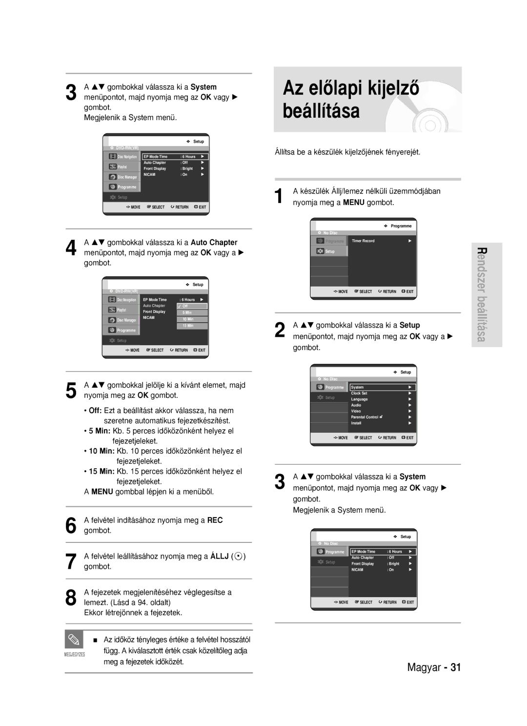 Samsung DVD-R119/EUR manual …† gombokkal jelölje ki a kívánt elemet, majd, Ekkor létrejönnek a fejezetek 