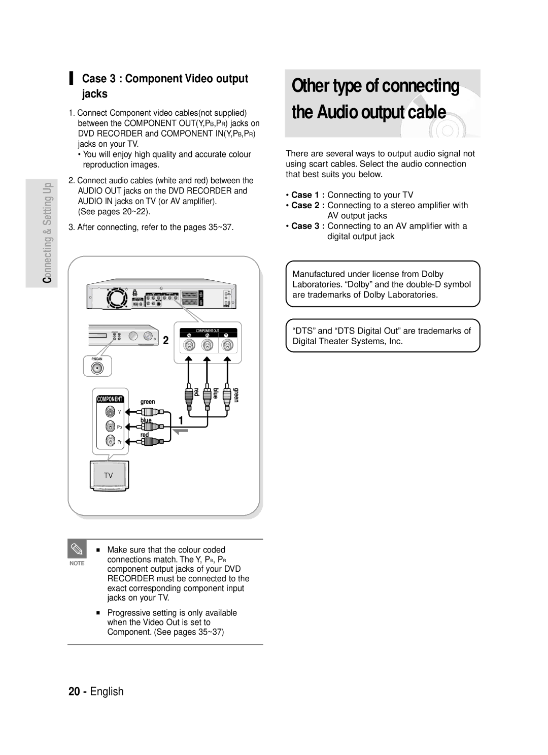 Samsung DVD-R119/EUR manual Case 3 Component Video output jacks 