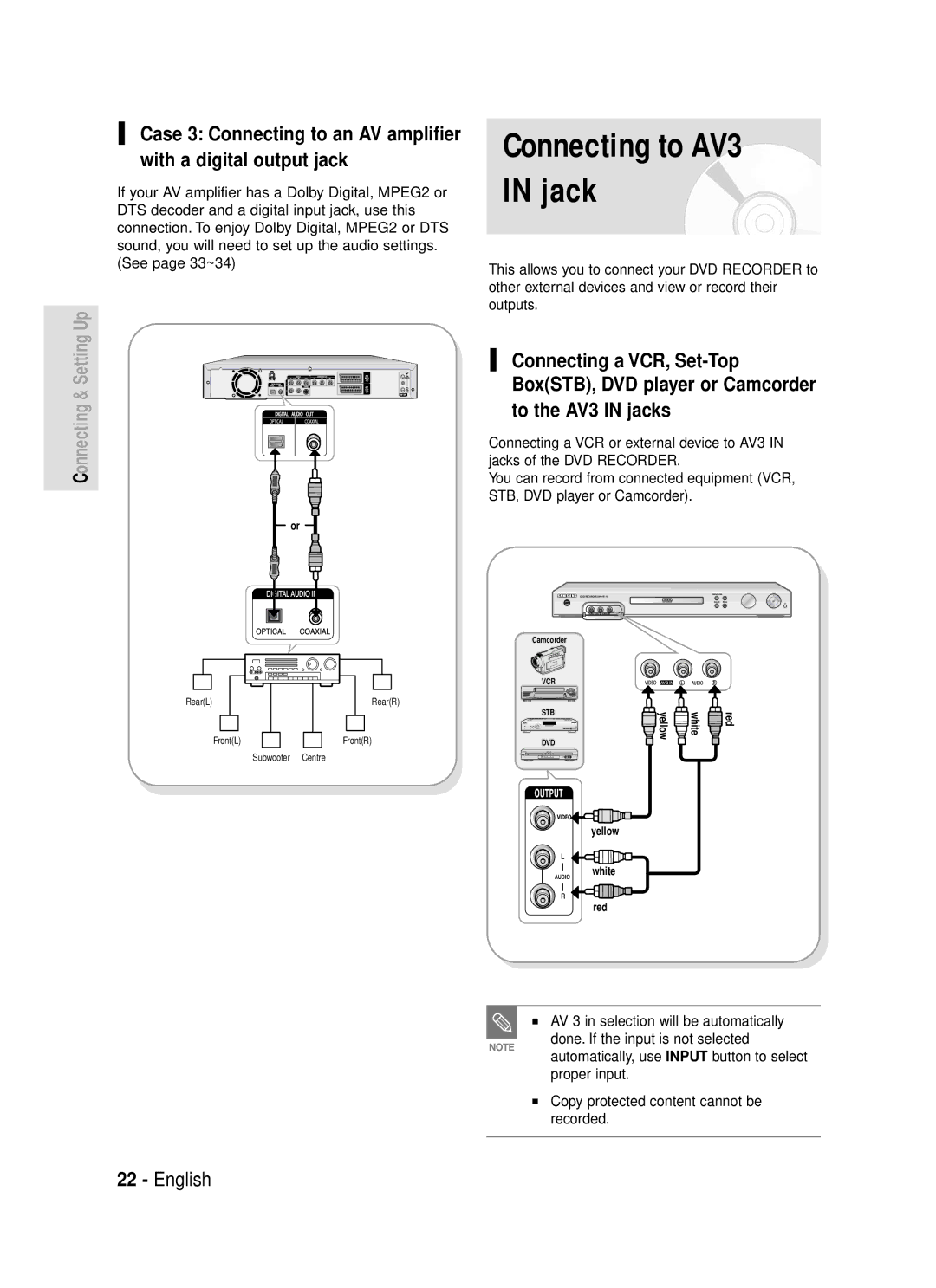 Samsung DVD-R119/EUR manual Connecting to AV3 Jack, Automatically, use Input button to select 