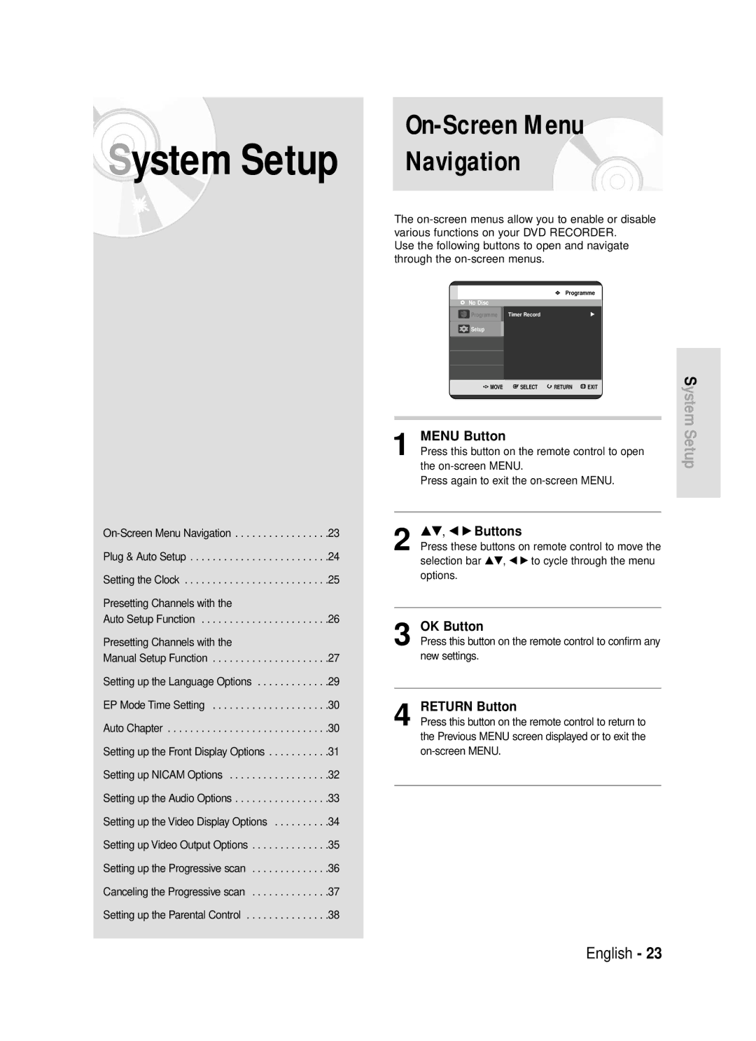 Samsung DVD-R119/EUR manual On-Screen Menu Navigation, System Setup 