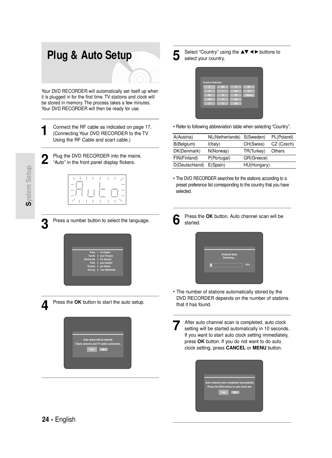 Samsung DVD-R119/EUR manual Plug & Auto Setup, Select Country using the …† œ √ buttons to, Select your country 