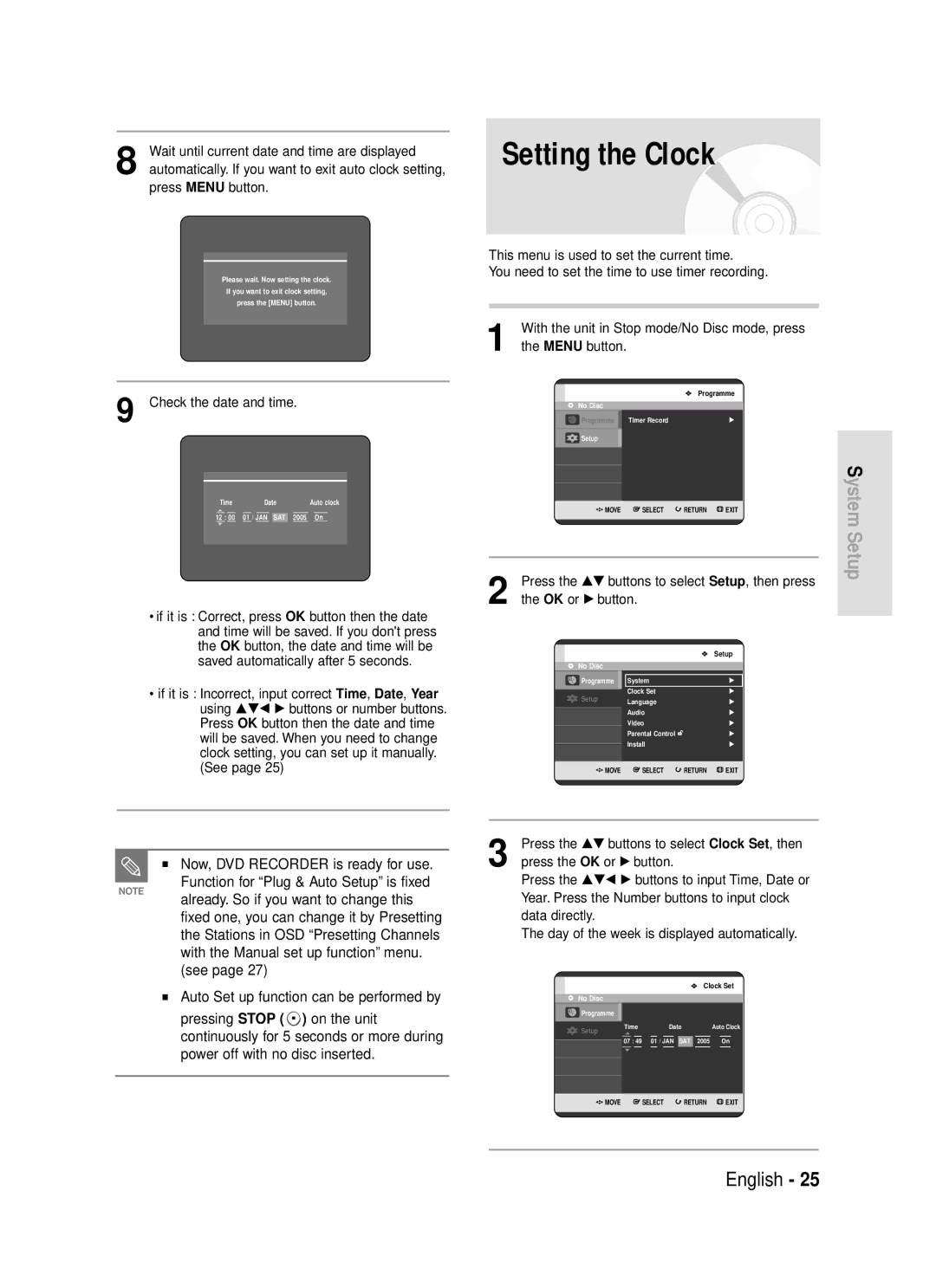 Samsung DVD-R119/EUR manual Setting the Clock, With the unit in Stop mode/No Disc mode, press, Menu button, OK or √ button 