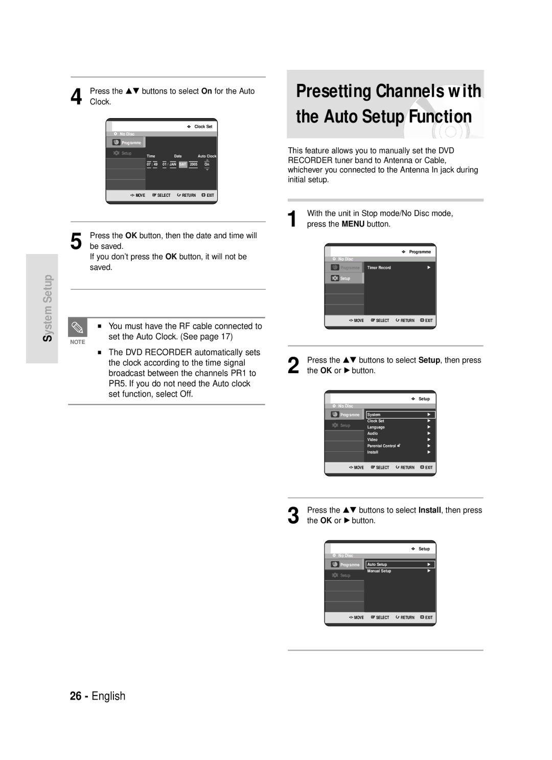 Samsung DVD-R119/EUR manual Presetting Channels with the Auto Setup Function 