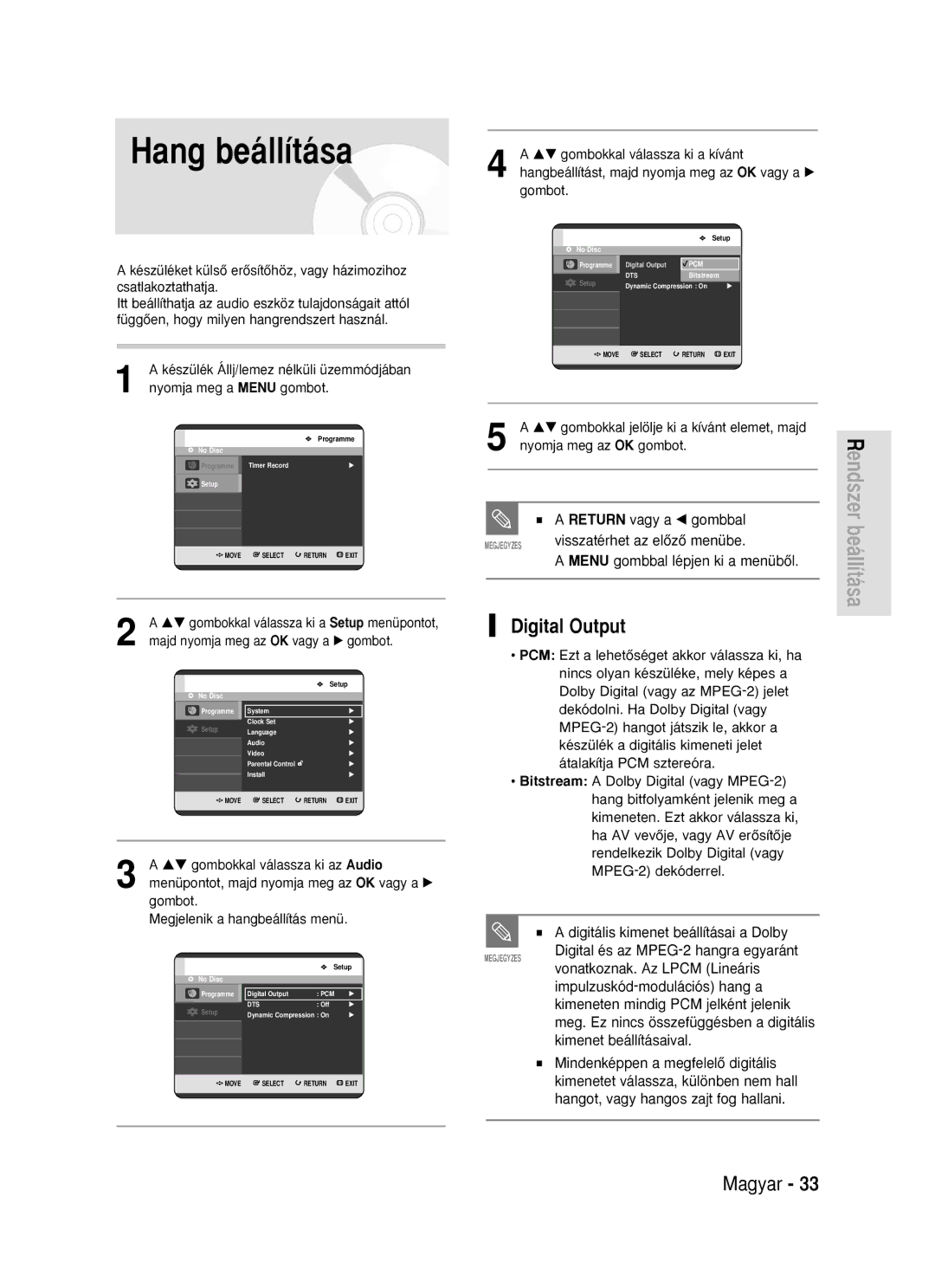 Samsung DVD-R119/EUR manual Hang beállítása, Digital Output, Menu gombbal lépjen ki a menübŒl 