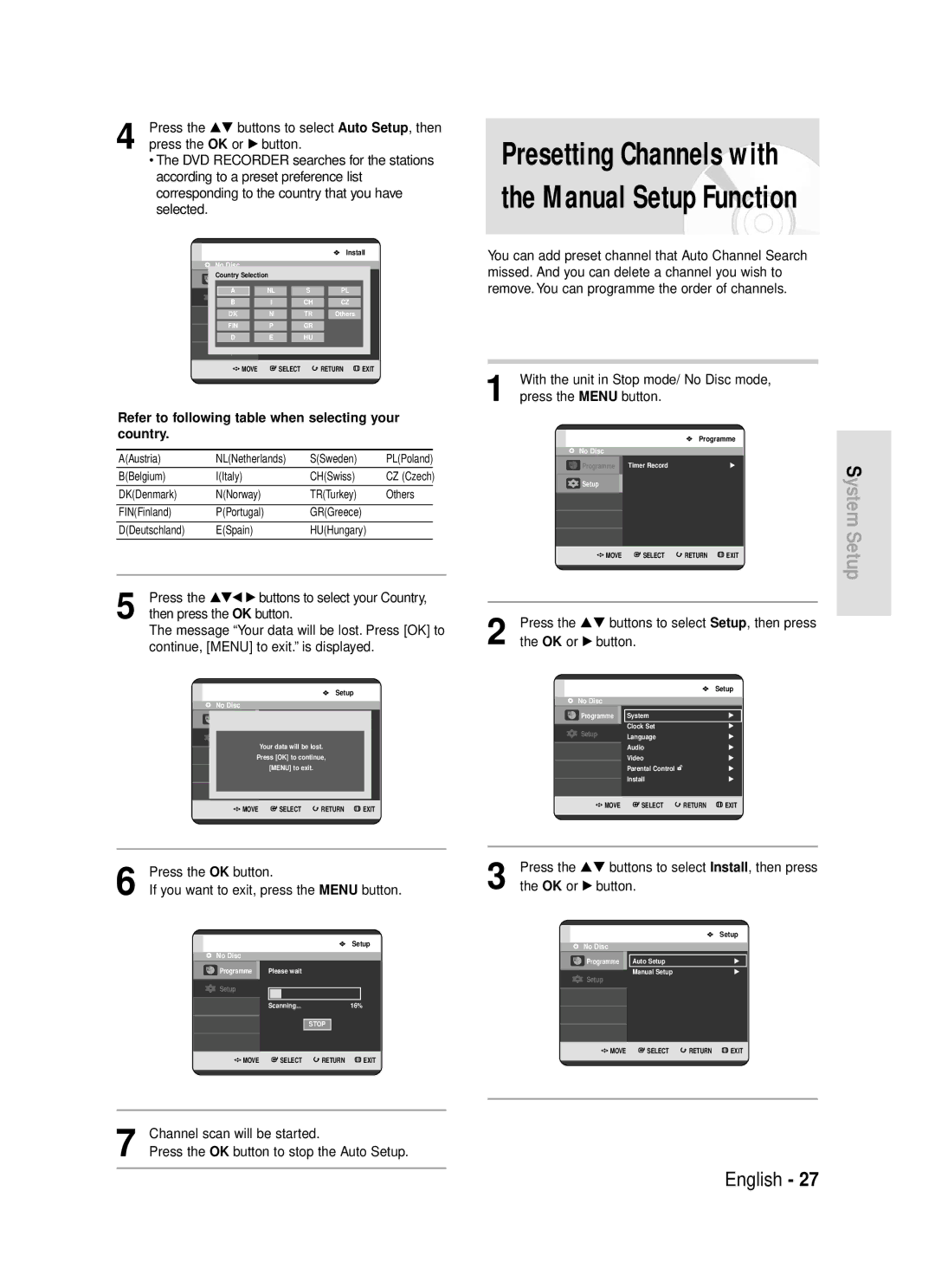 Samsung DVD-R119/EUR manual With the unit in Stop mode/ No Disc mode, Press the …† buttons to select Install, then press 