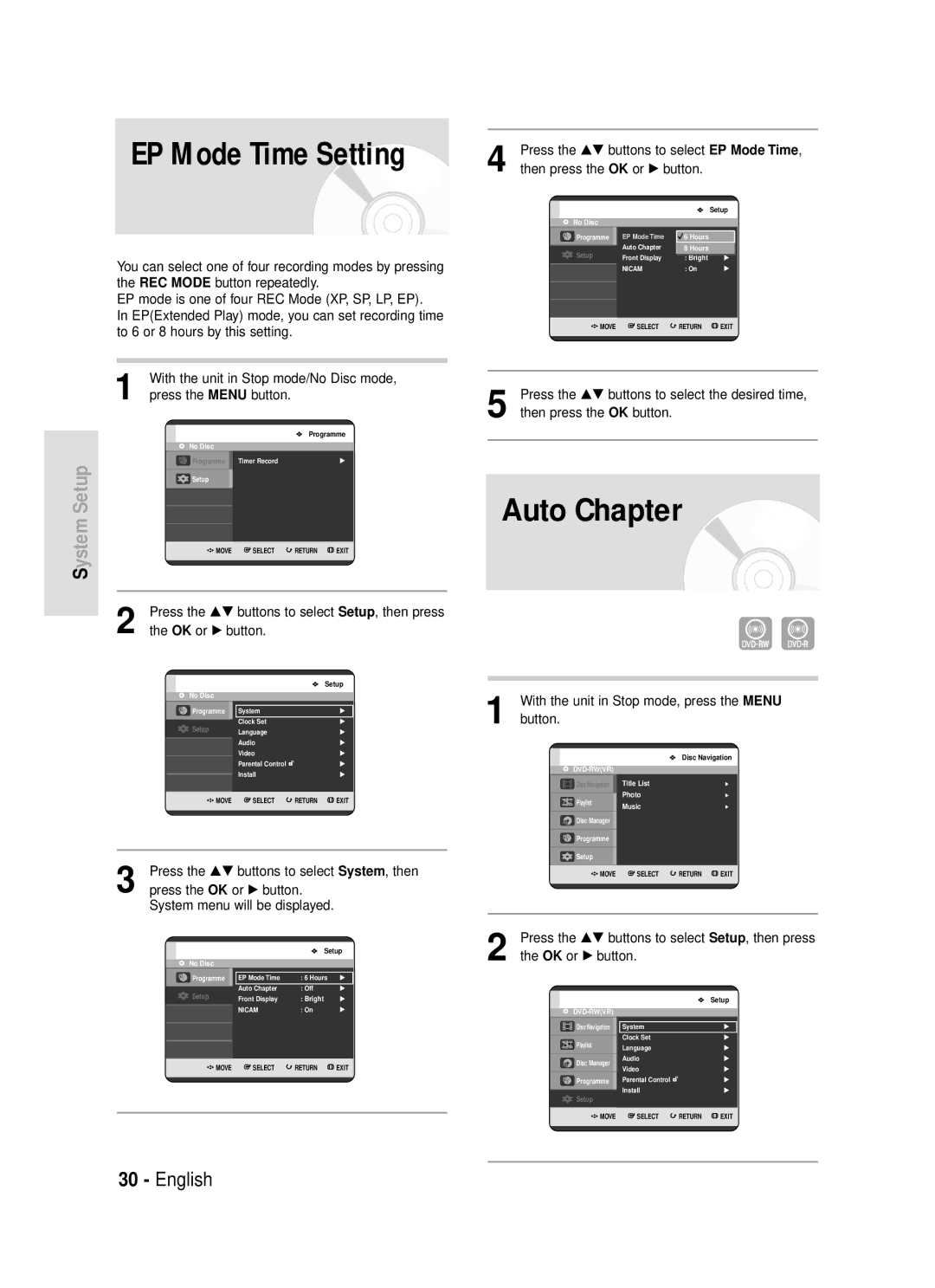 Samsung DVD-R119/EUR manual Auto Chapter, Press the …† buttons to select System, then, Then press the OK or √ button 