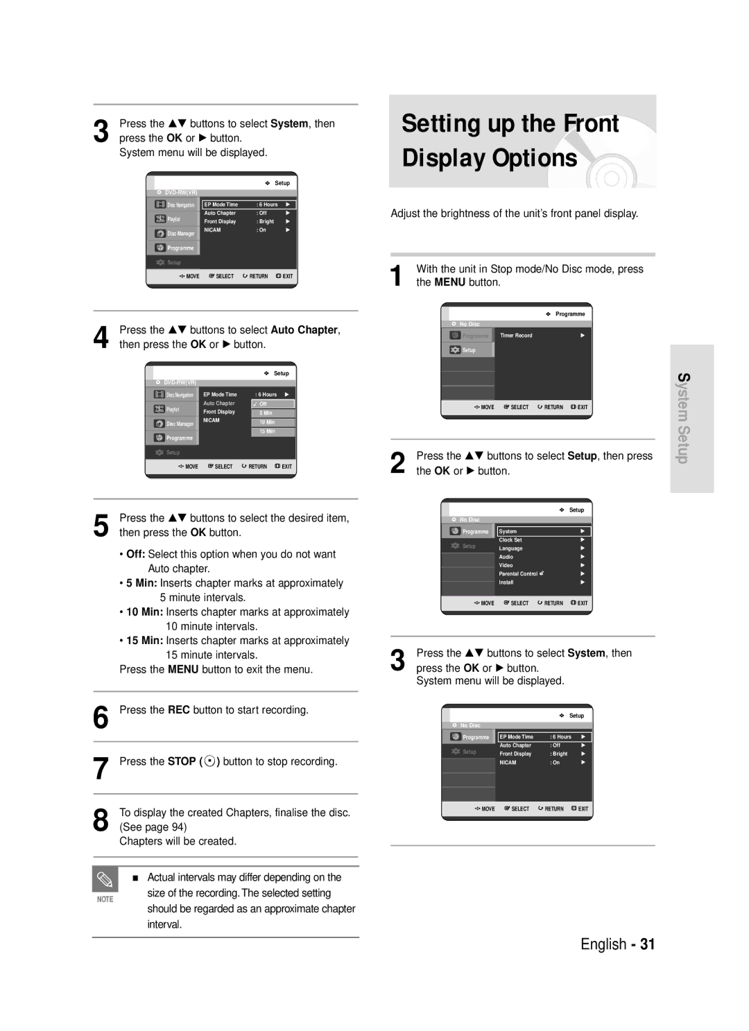 Samsung DVD-R119/EUR manual Setting up the Front Display Options, Adjust the brightness of the unit’s front panel display 