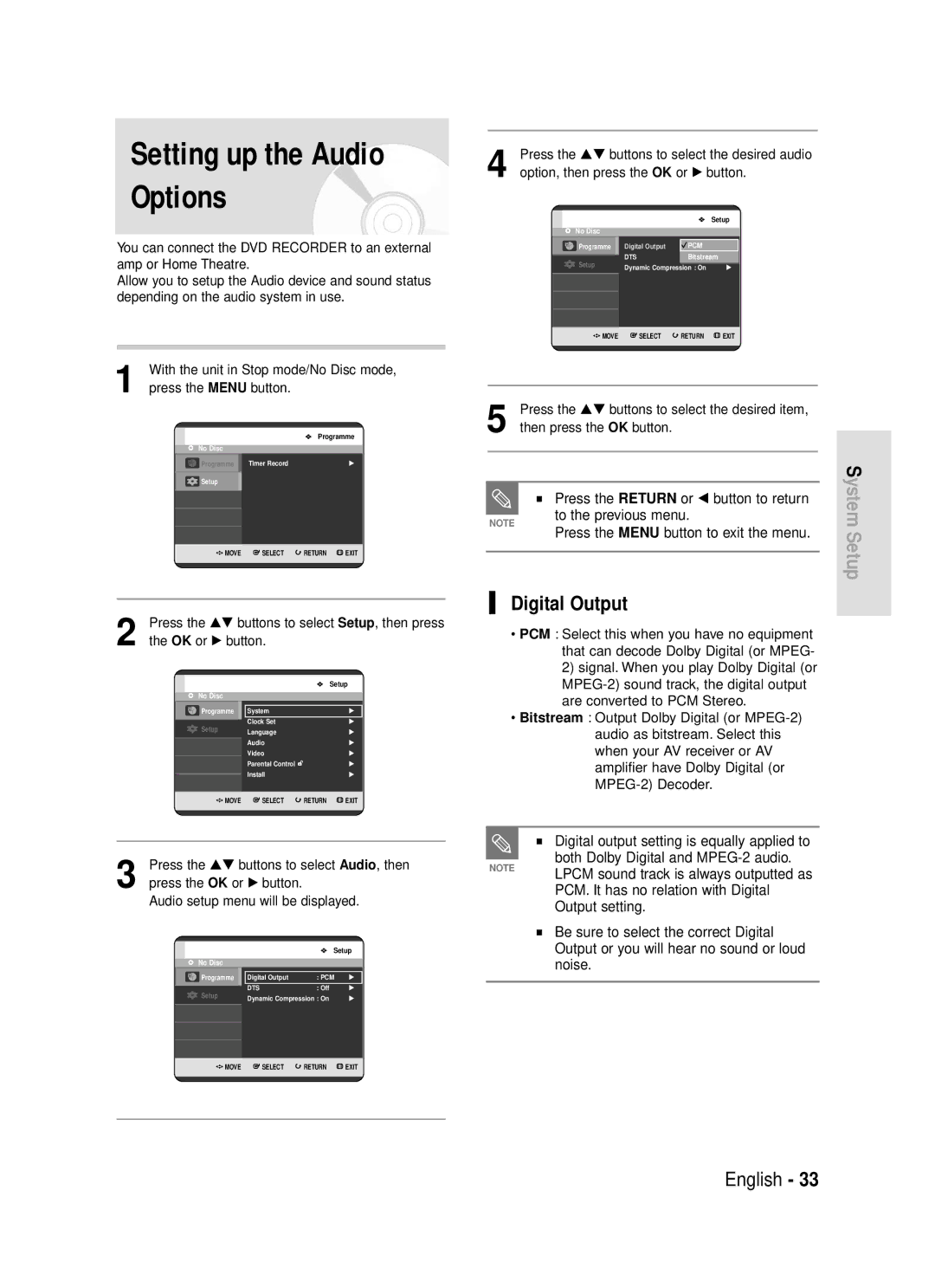 Samsung DVD-R119/EUR manual Setting up the Audio Options, Setup, Digital Output, Press the …† buttons to select Audio, then 