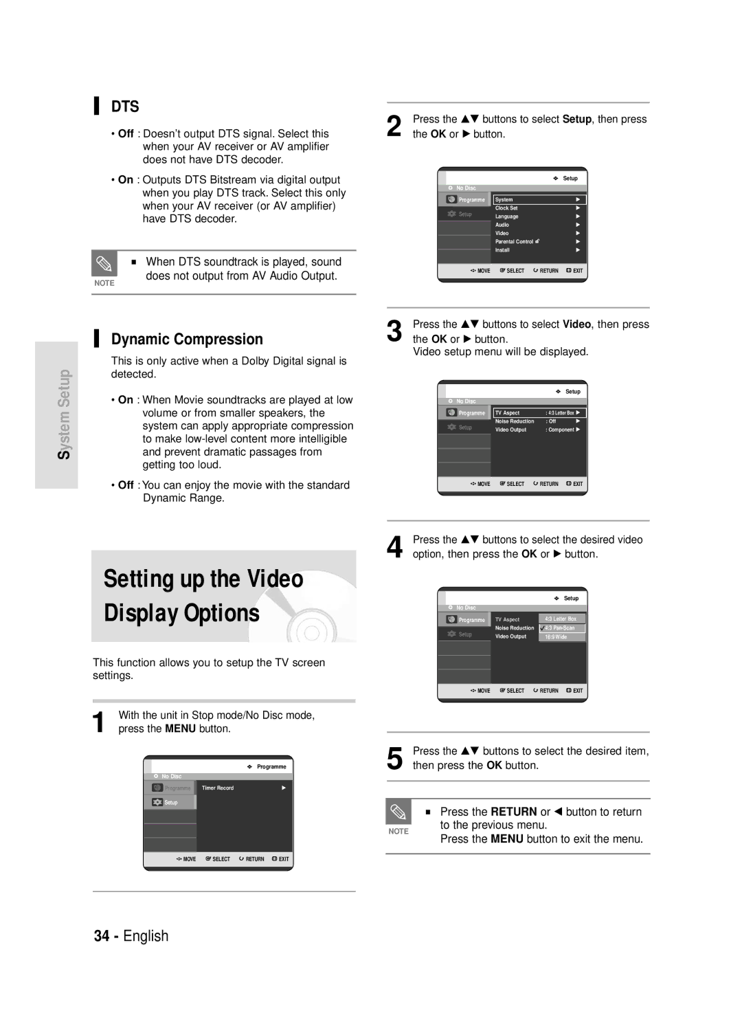 Samsung DVD-R119/EUR Setting up the Video Display Options, Dynamic Compression, Option, then press the OK or √ button 