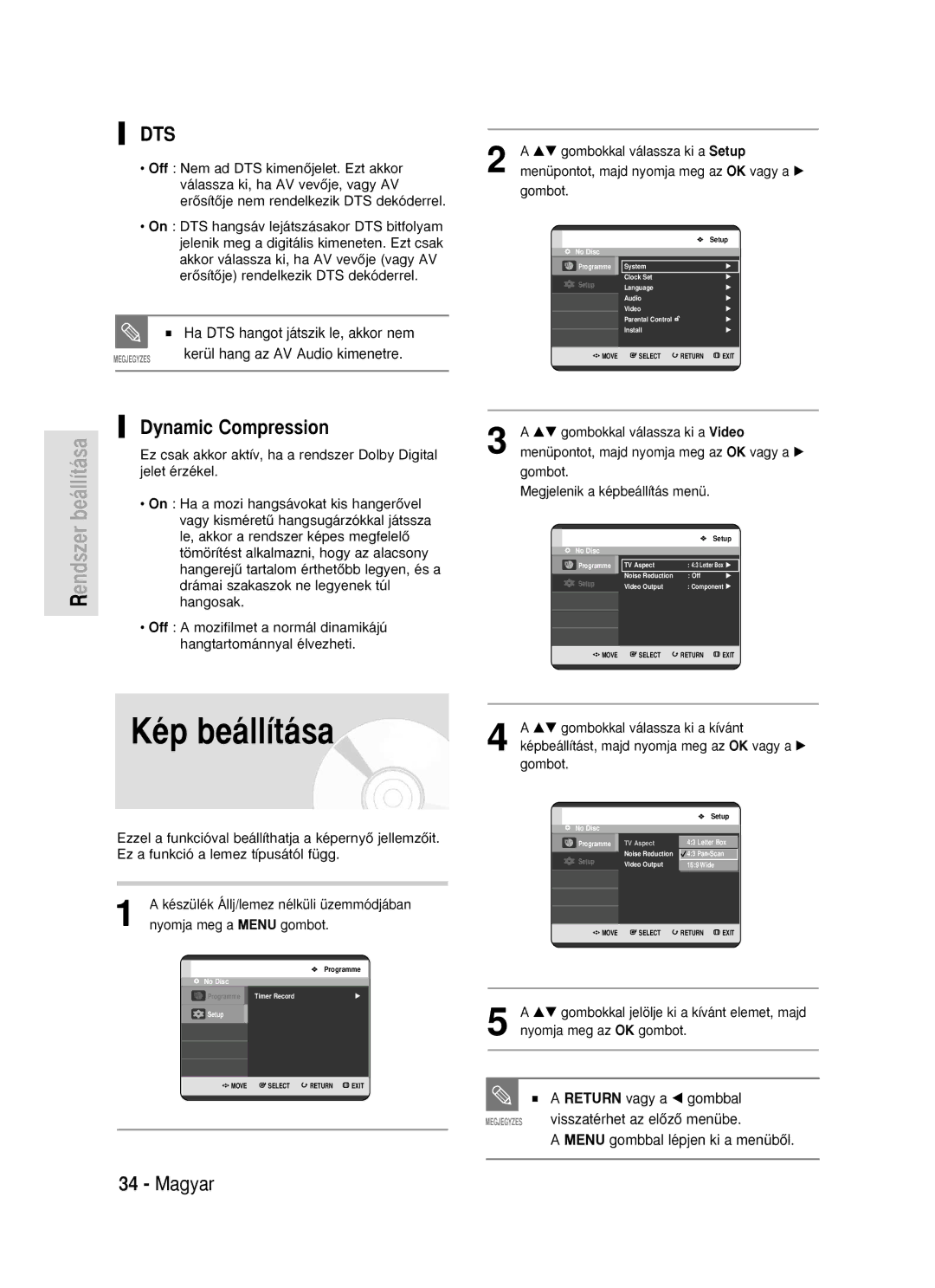 Samsung DVD-R119/EUR manual Kép beállítása, Dynamic Compression, Kerül hang az AV Audio kimenetre 