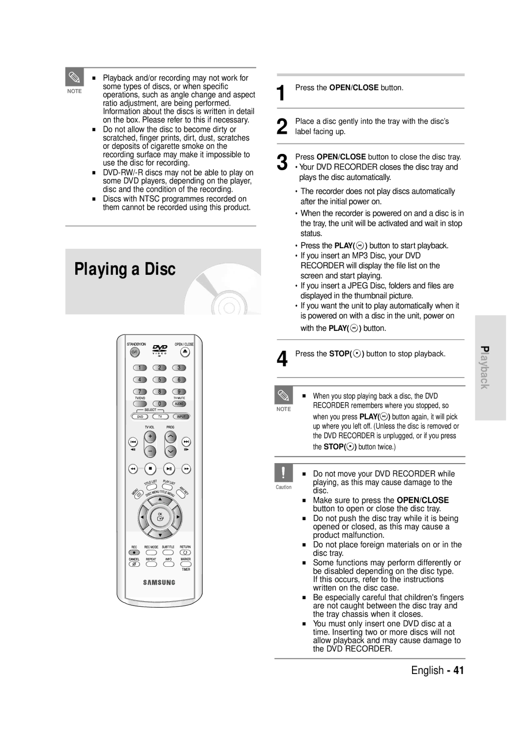 Samsung DVD-R119/EUR manual Playing a Disc 