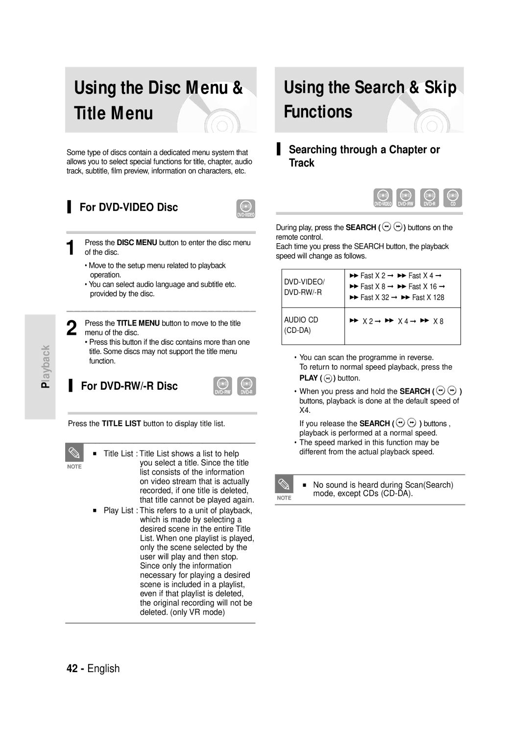 Samsung DVD-R119/EUR manual Title Menu, Functions, Using the Search & Skip 