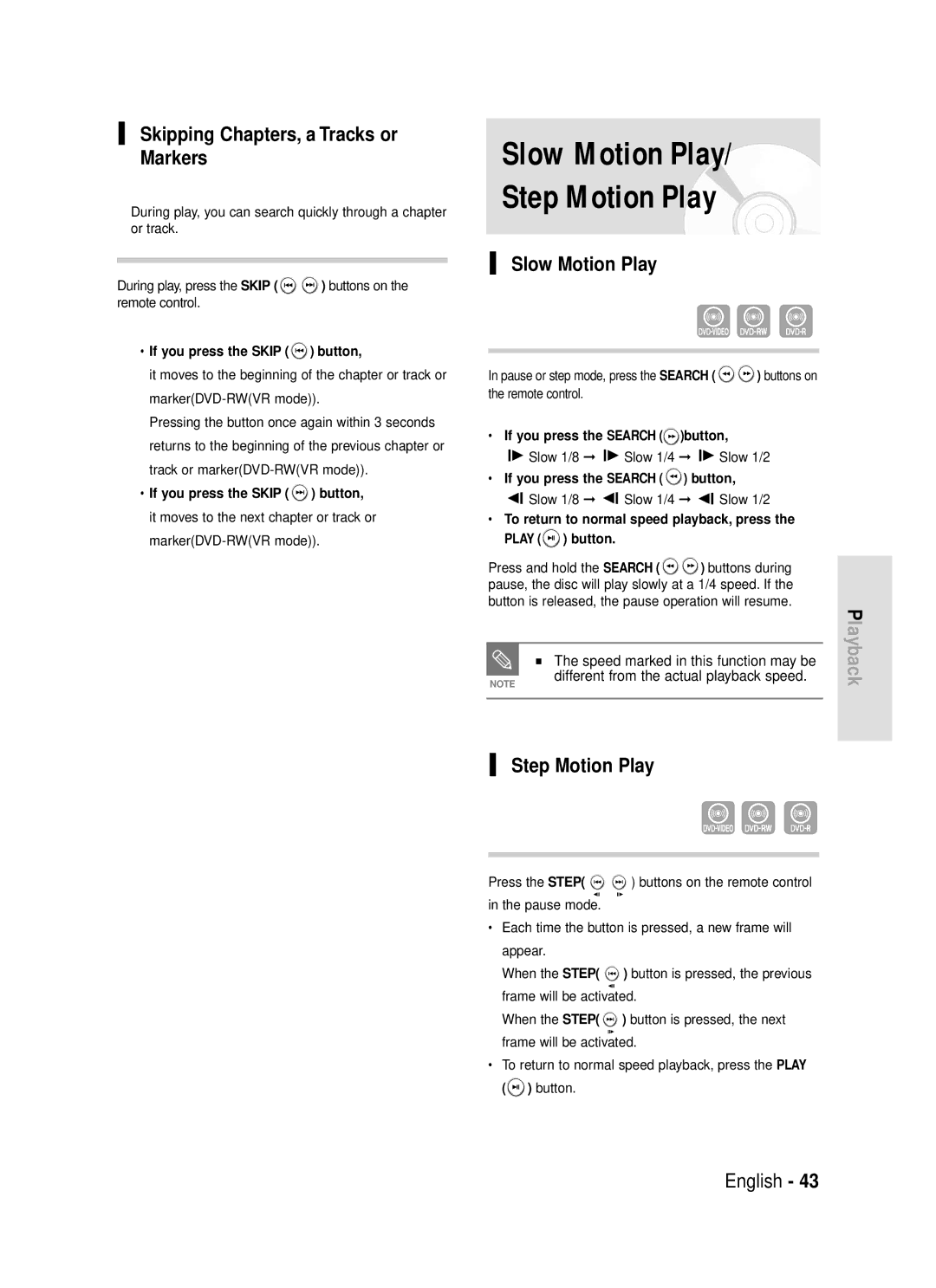 Samsung DVD-R119/EUR manual Slow Motion Play Step Motion Play, Skipping Chapters, a Tracks or Markers 