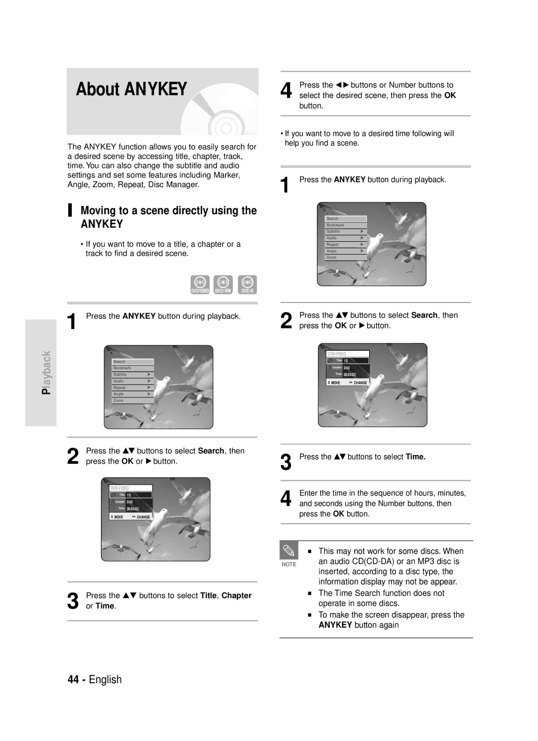 Samsung DVD-R119/EUR manual About Anykey, Moving to a scene directly using 