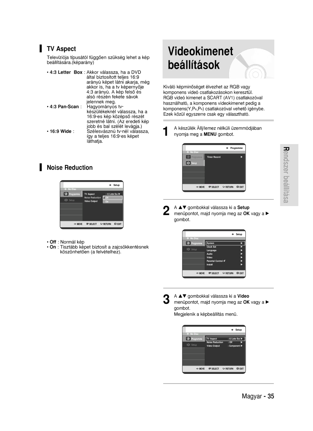 Samsung DVD-R119/EUR manual Videokimenet beállítások, TV Aspect, Noise Reduction 